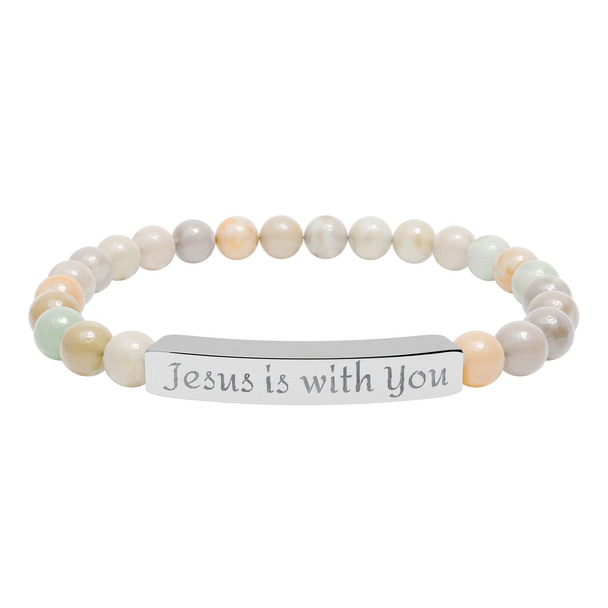 Engraved 'Jesus Is With You' Natural Stone Stretch Bracelet