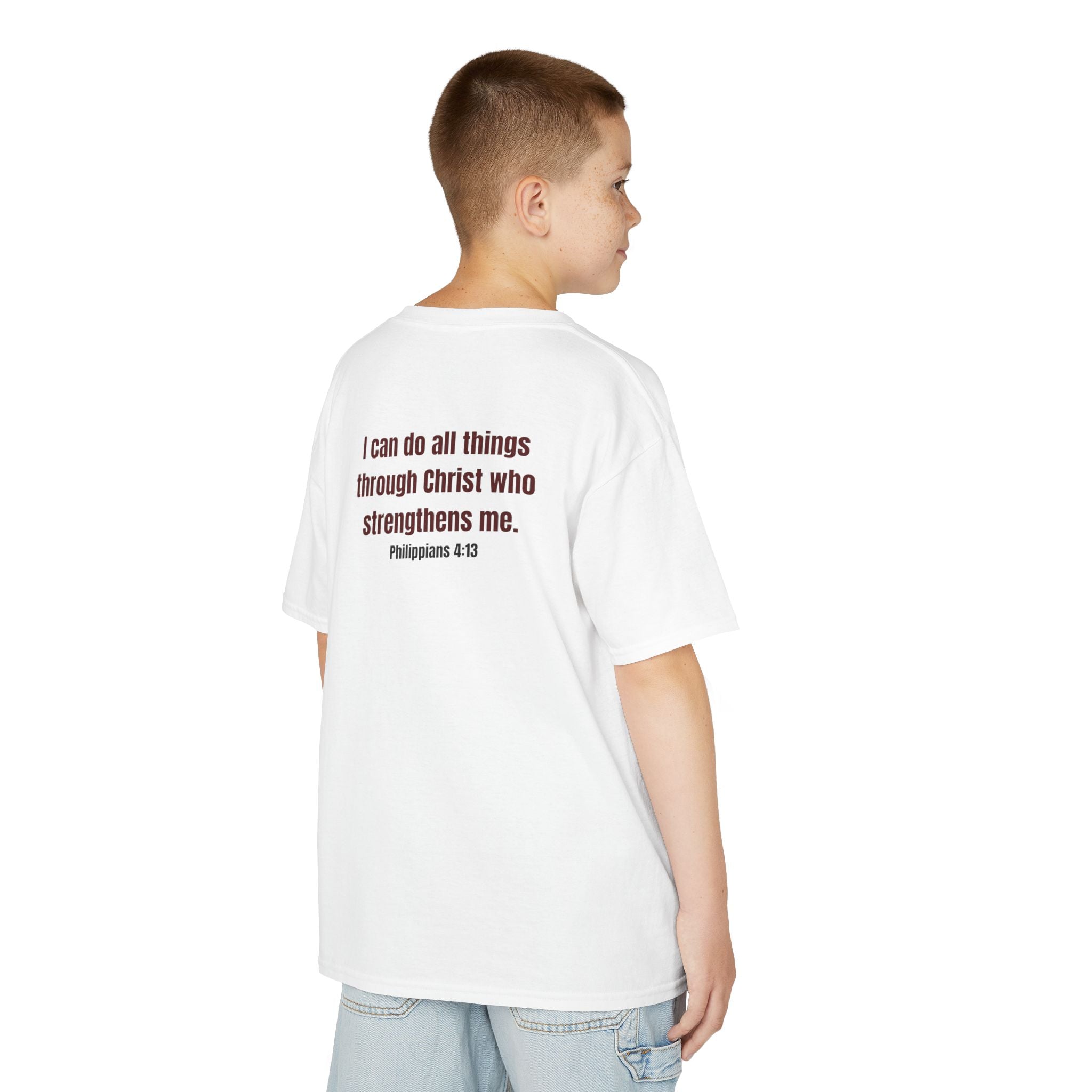 Kids Tee — "Strong" Muscle Graphic with Philippians 4:13 Back (Christian Inspirational)