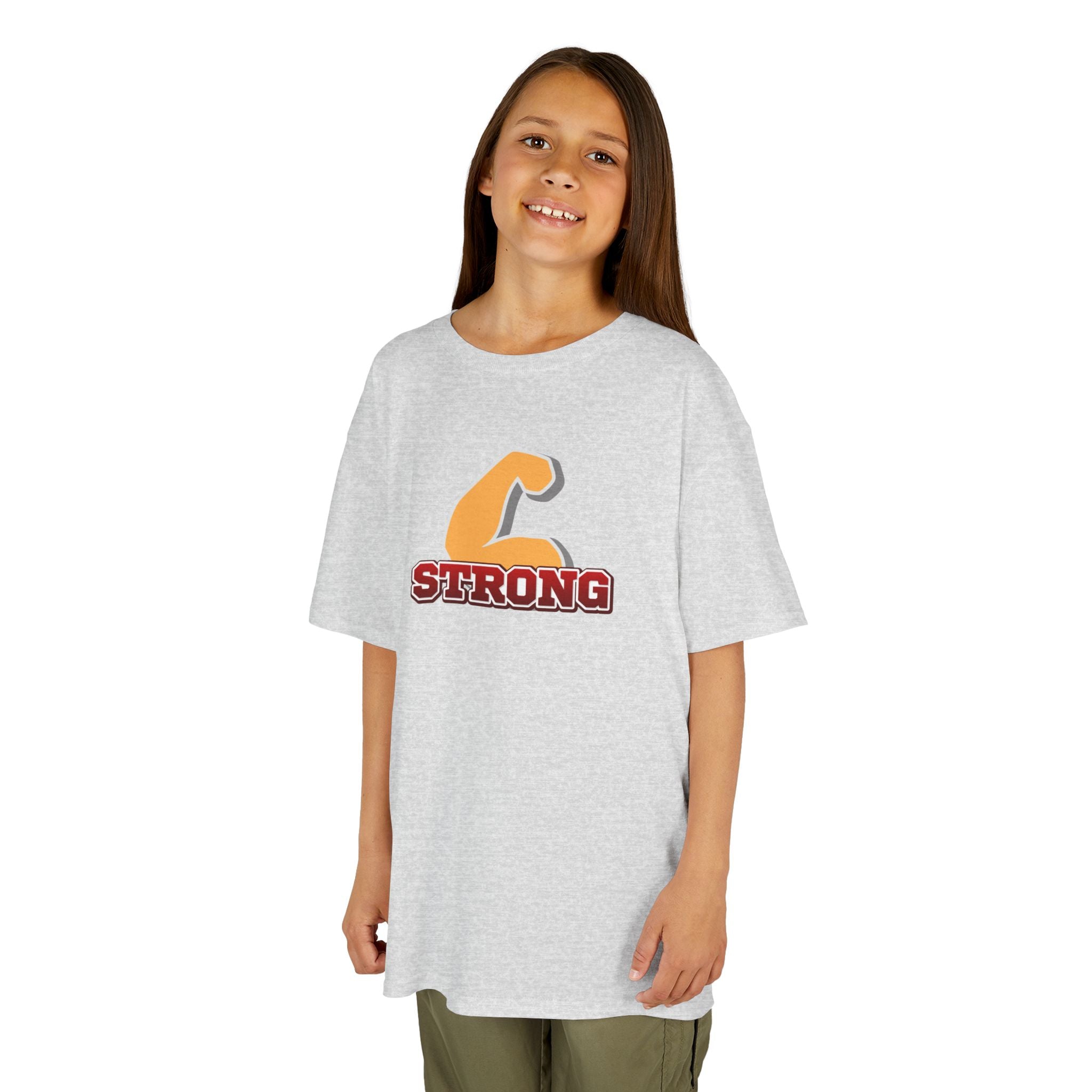 Kids Tee — "Strong" Muscle Graphic with Philippians 4:13 Back (Christian Inspirational)