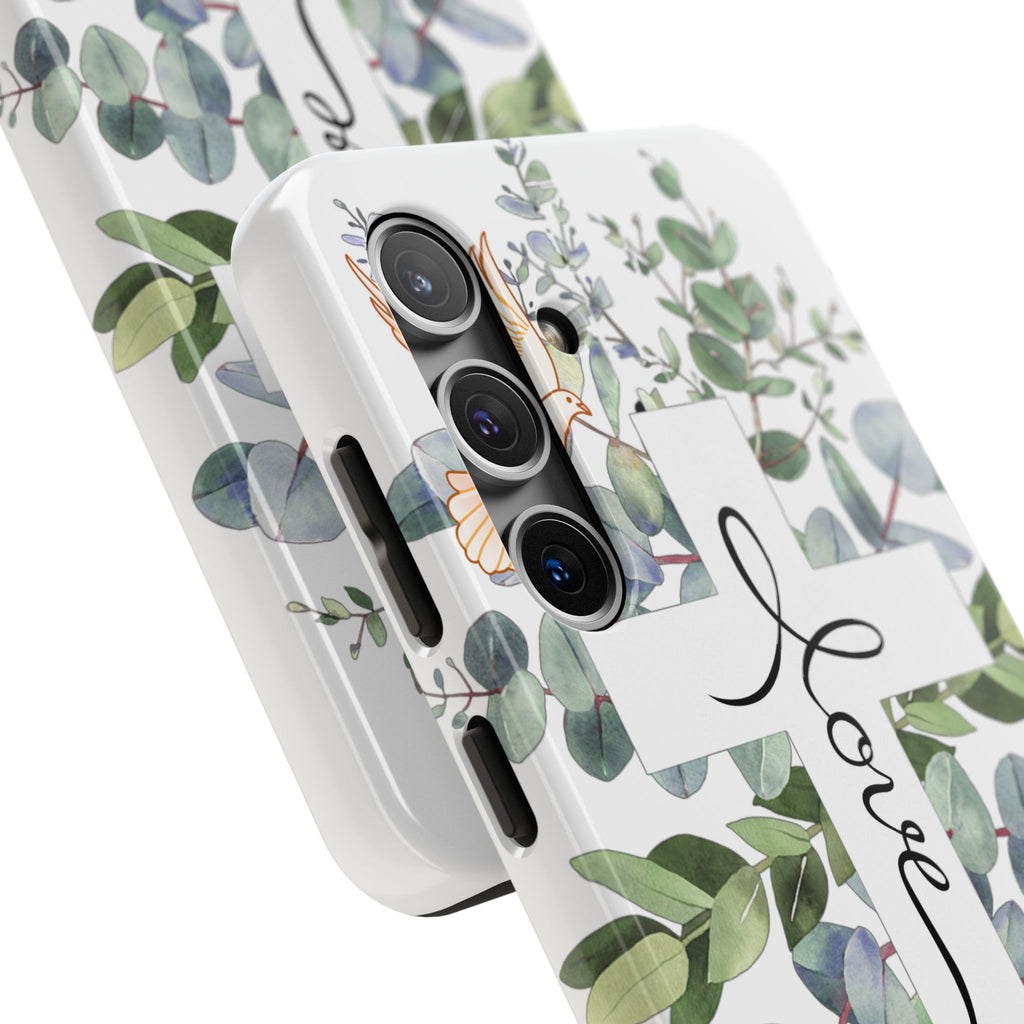 Religious Cross Tough Phone Case — Eucalyptus Floral "Love" Design