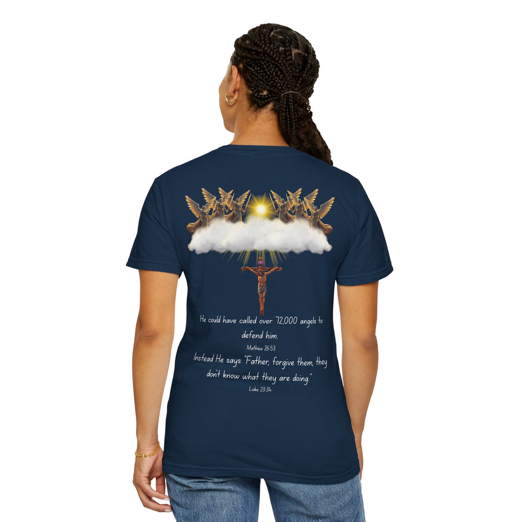 Christian Mercy & Forgiveness T-Shirt — Scripture Cross Back Design