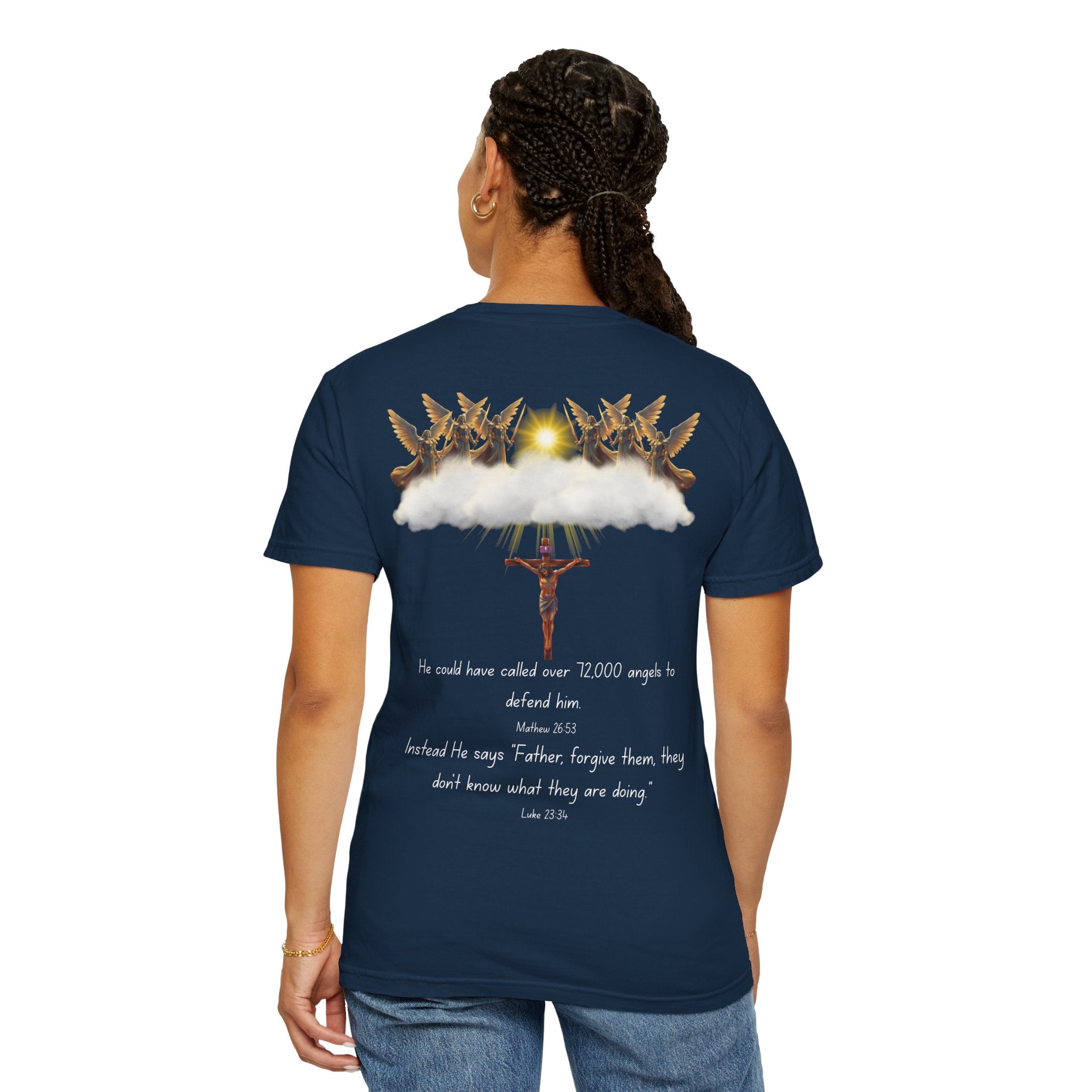 Christian Mercy & Forgiveness T-Shirt — Scripture Cross Back Design