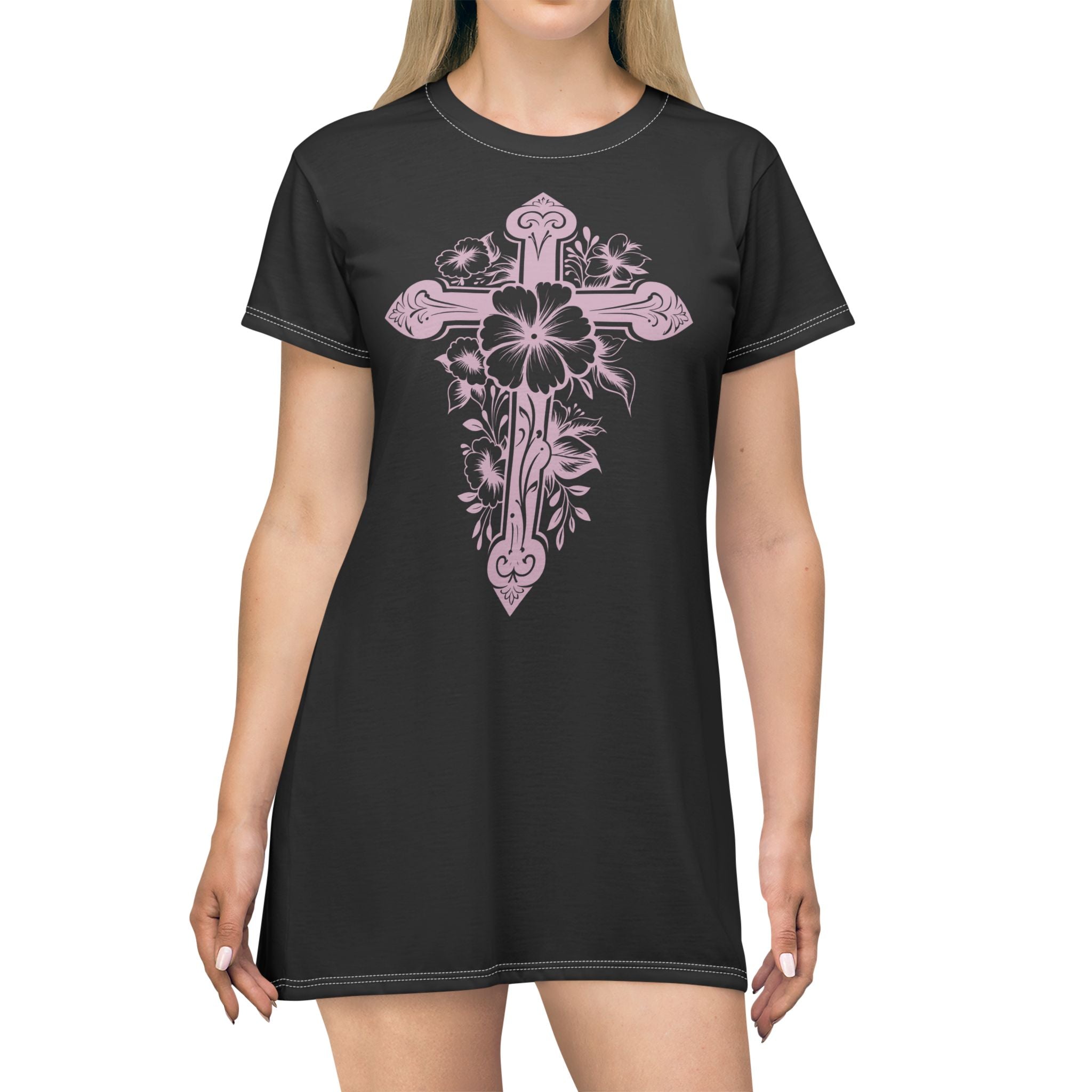 Floral Cross and Angel Wings T-Shirt Dress