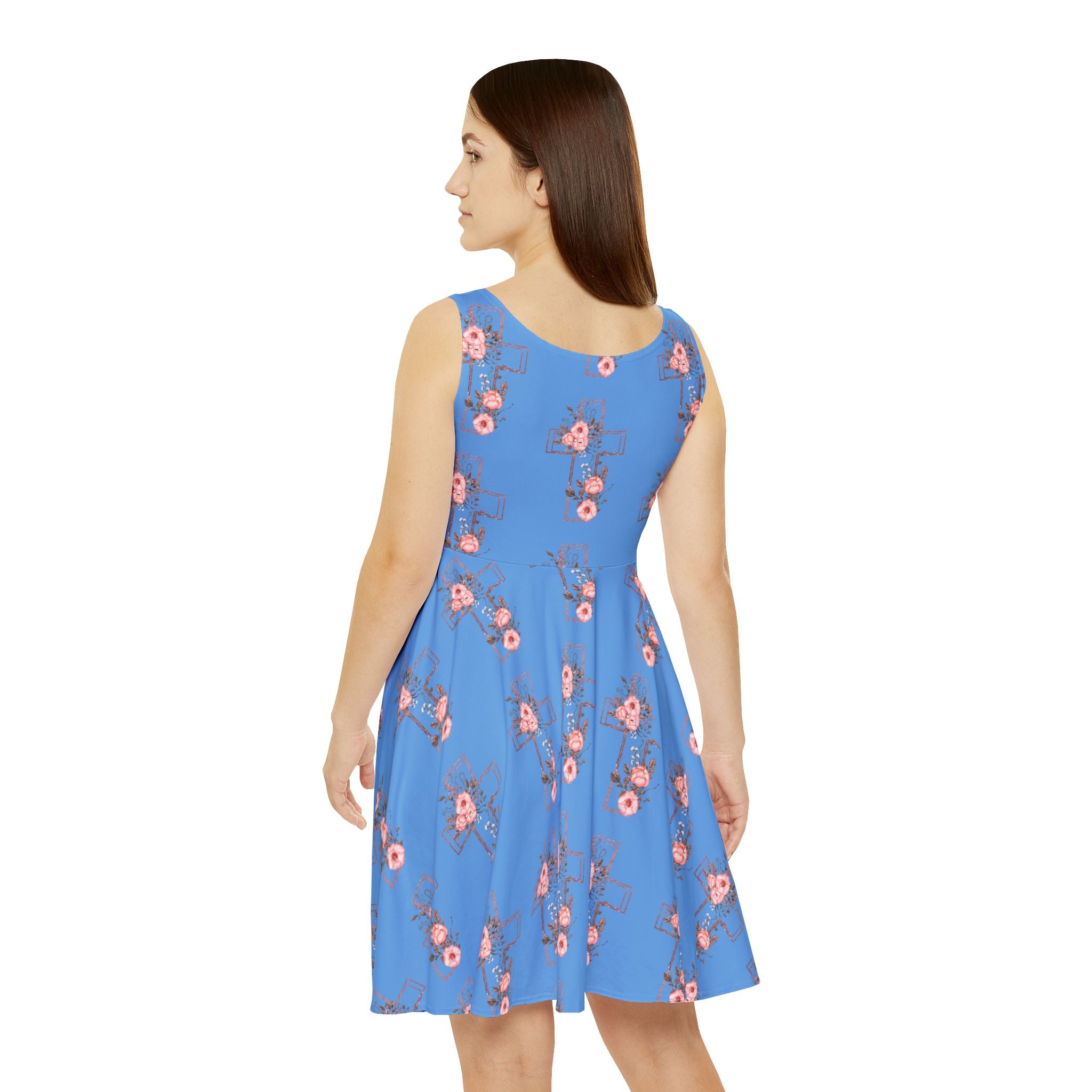 Blue Floral and Cross Skater Dress — Pink Blossom and Cross Sundress