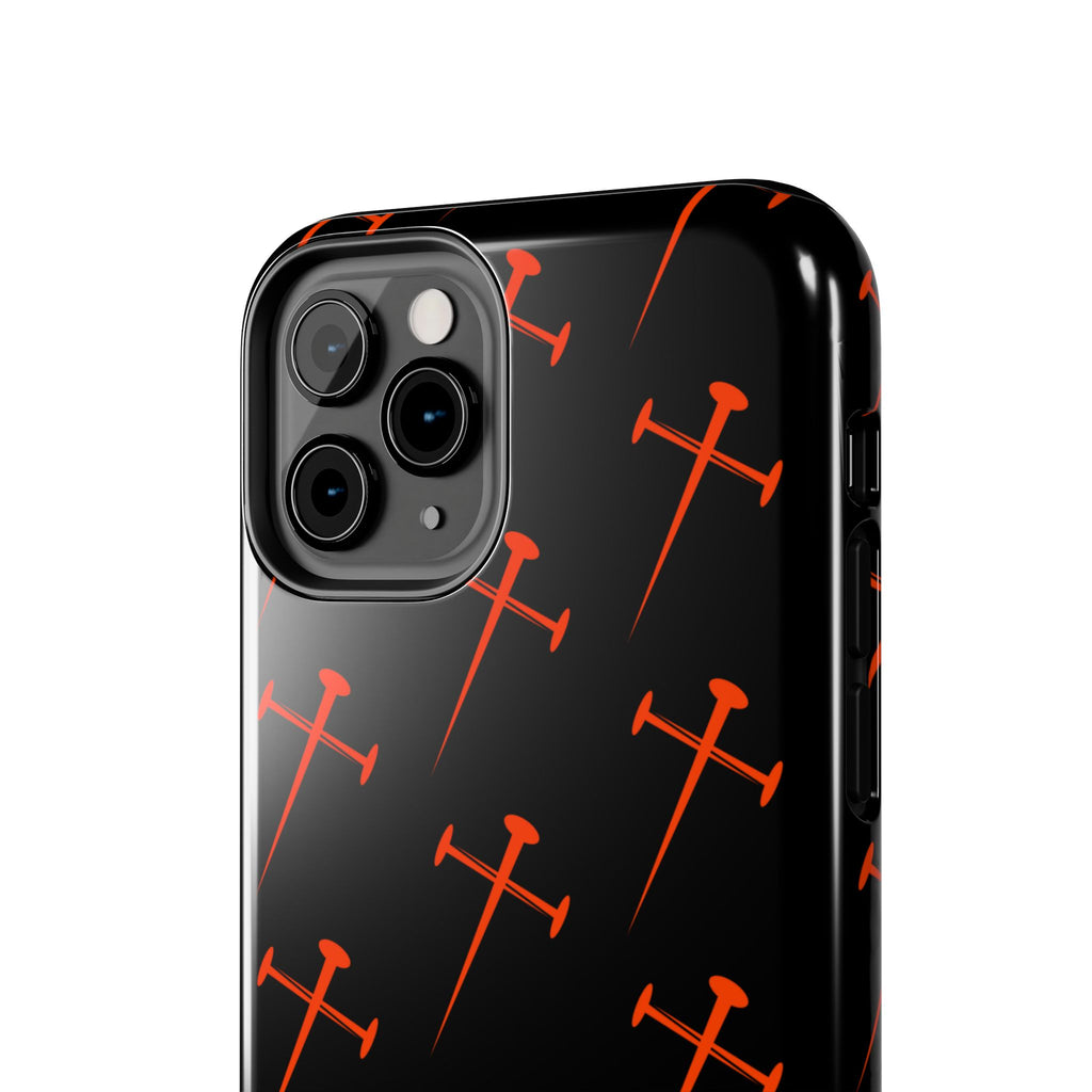Black Tough Phone Case with Orange Nail Cross Pattern