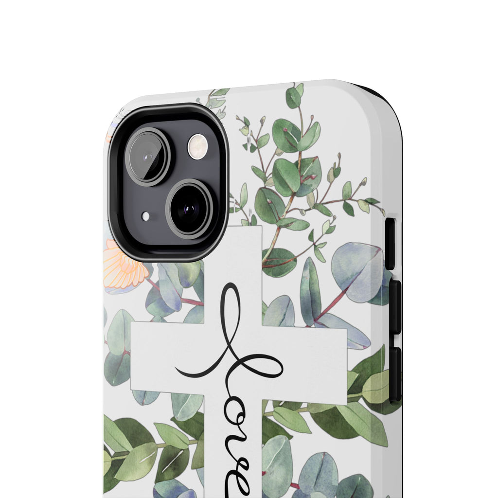 Religious Cross Tough Phone Case — Eucalyptus Floral "Love" Design