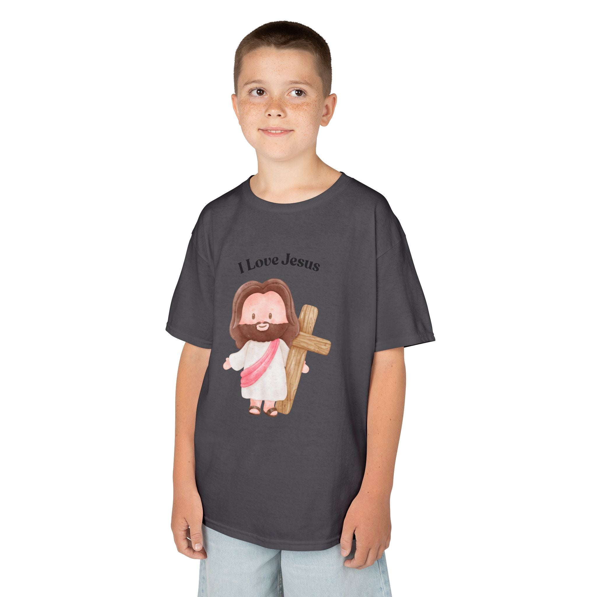 Kids T-Shirt — Cute "I Love Jesus" Cartoon Jesus Holding Cross — Christian Easter Gift for Children