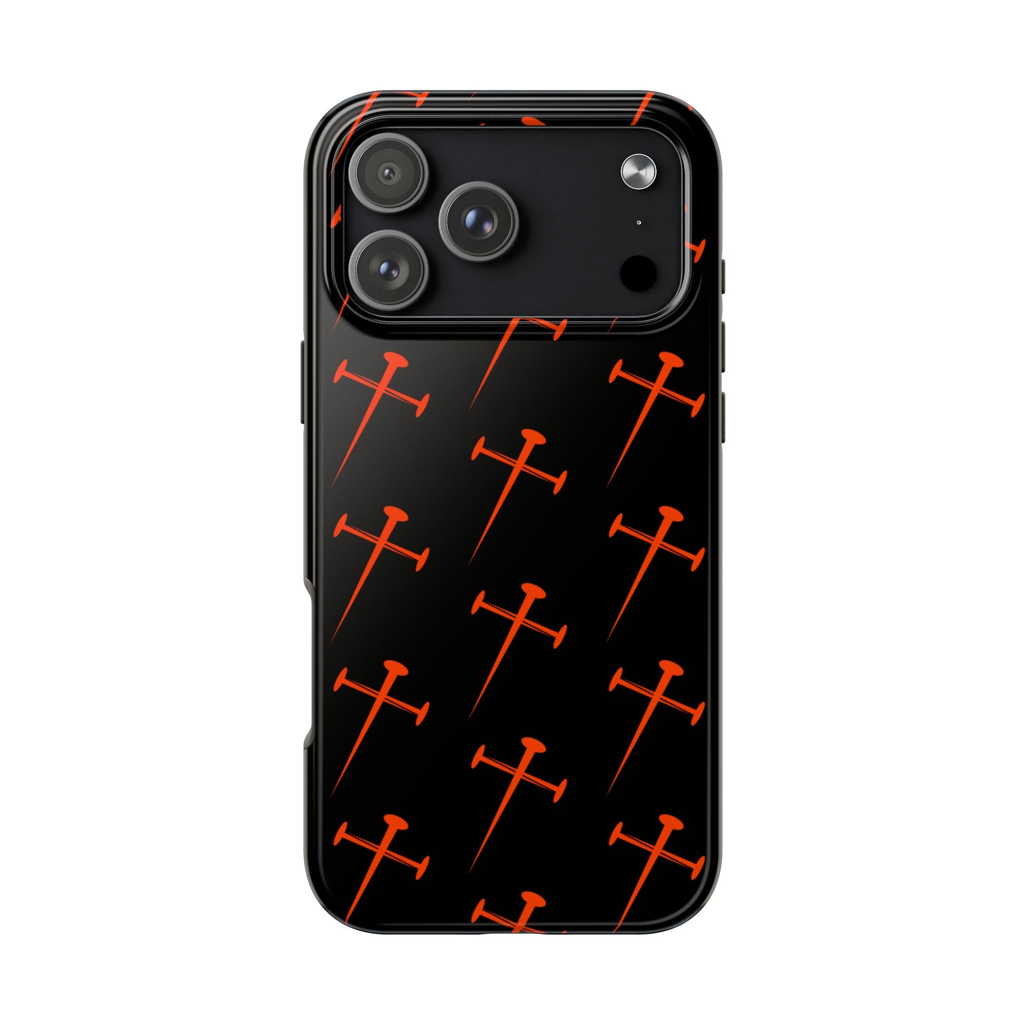 Black Tough Phone Case with Orange Nail Cross Pattern