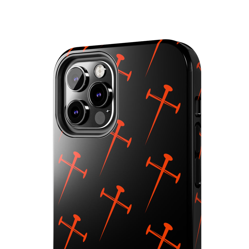 Black Tough Phone Case with Orange Nail Cross Pattern