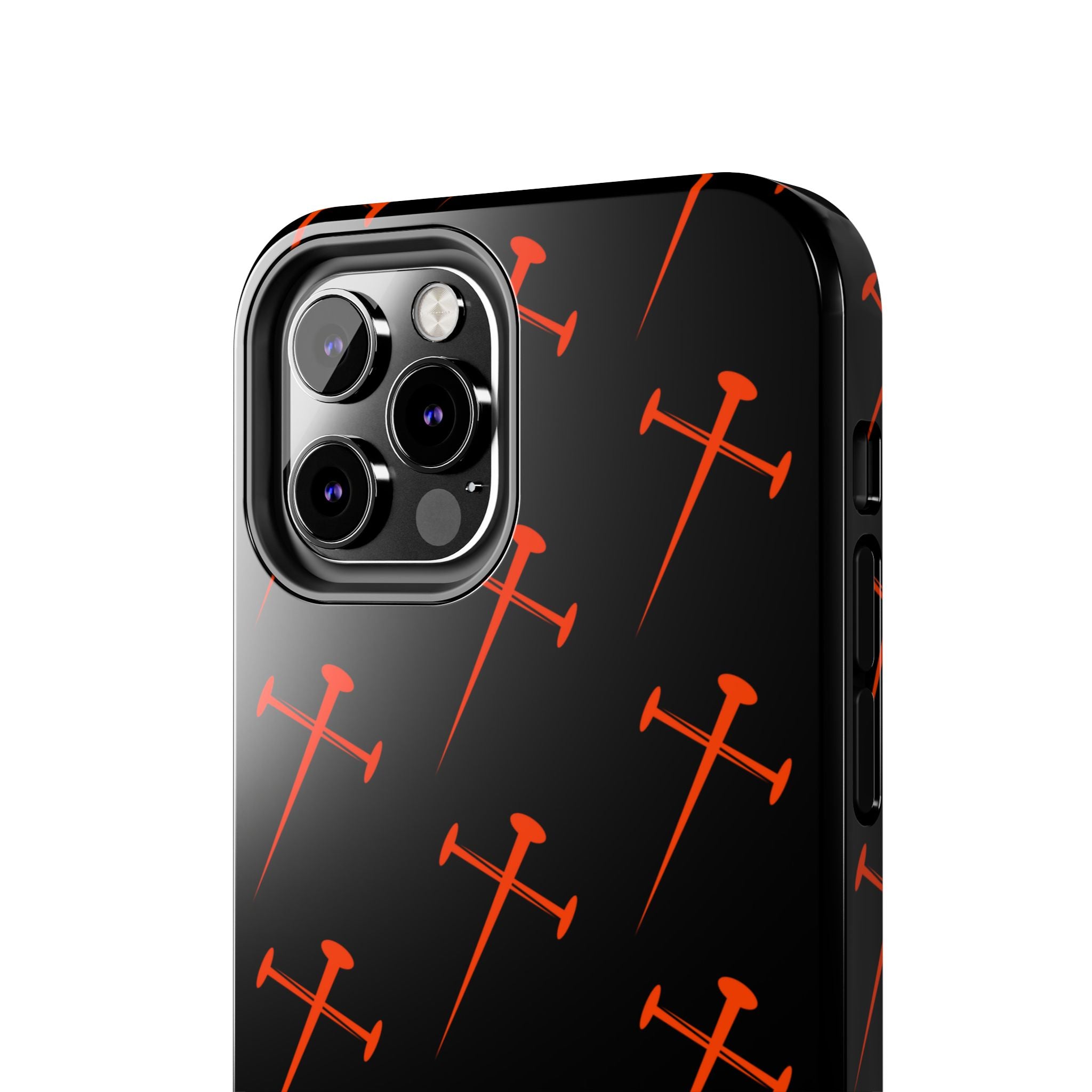 Black Tough Phone Case with Orange Nail Cross Pattern