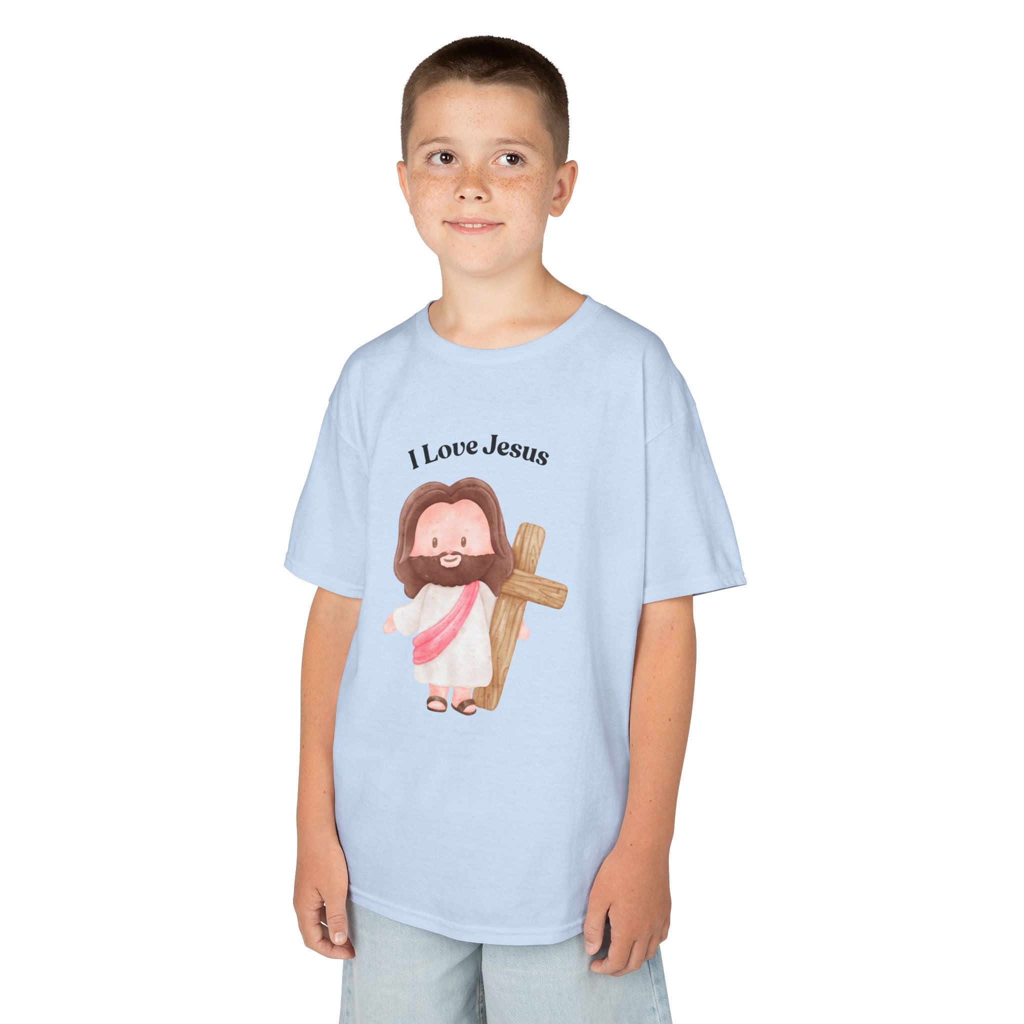 Kids T-Shirt — Cute "I Love Jesus" Cartoon Jesus Holding Cross — Christian Easter Gift for Children