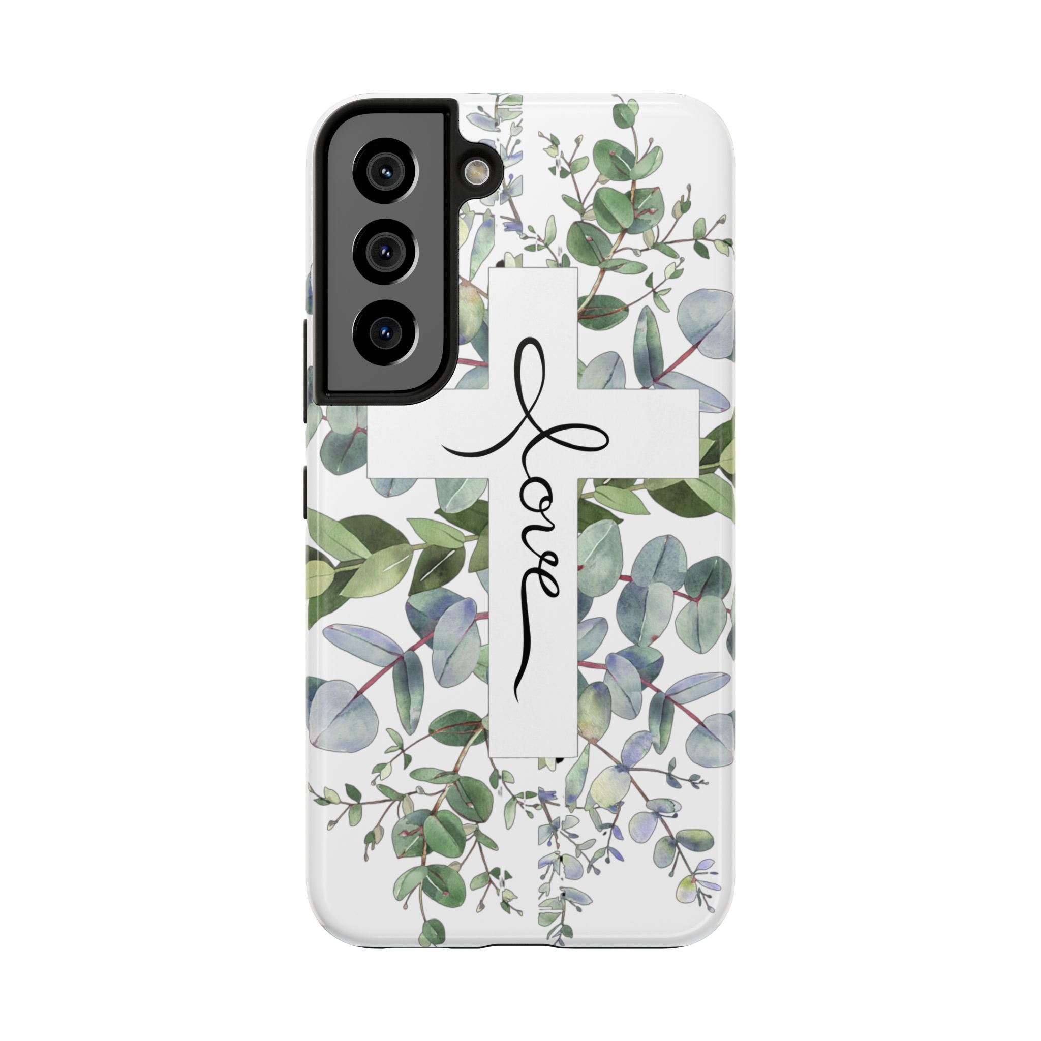 Religious Cross Tough Phone Case — Eucalyptus Floral "Love" Design