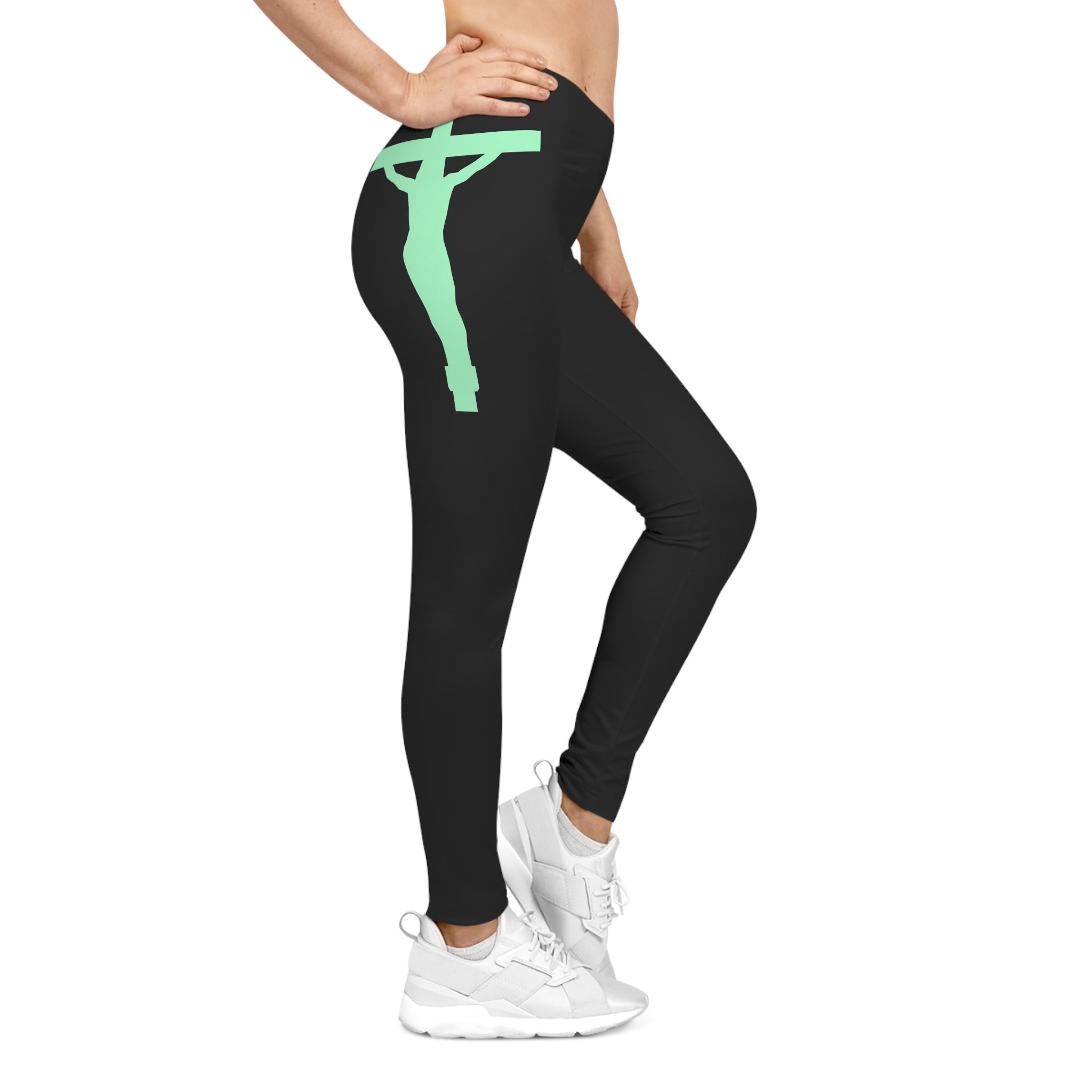 Resurrection Cross Women's Leggings — Faith-Inspired Black & Mint Activewear