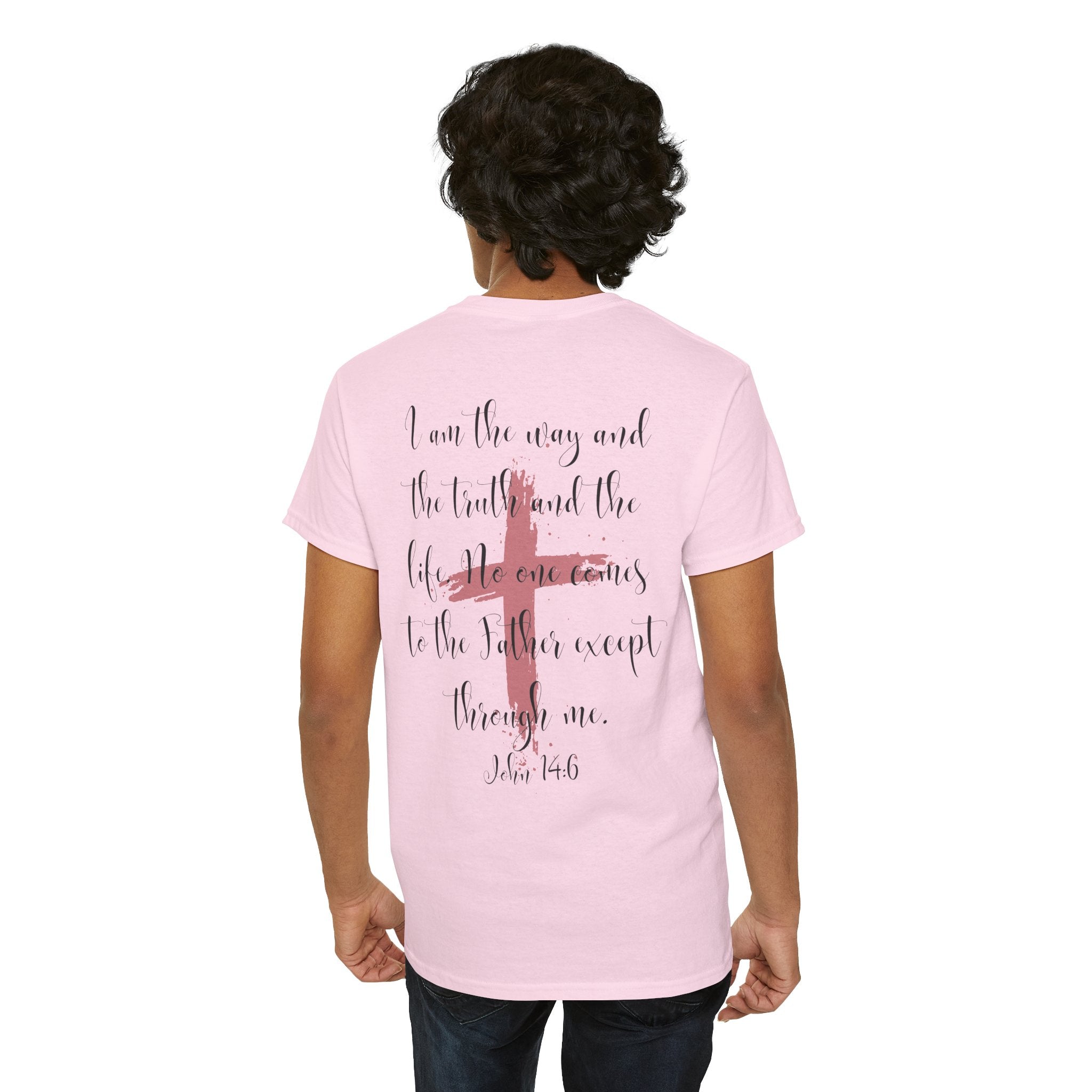 Jesus Cross T-Shirt — Red Brushstroke Faith Tee with Scripture Back (John 14:6)