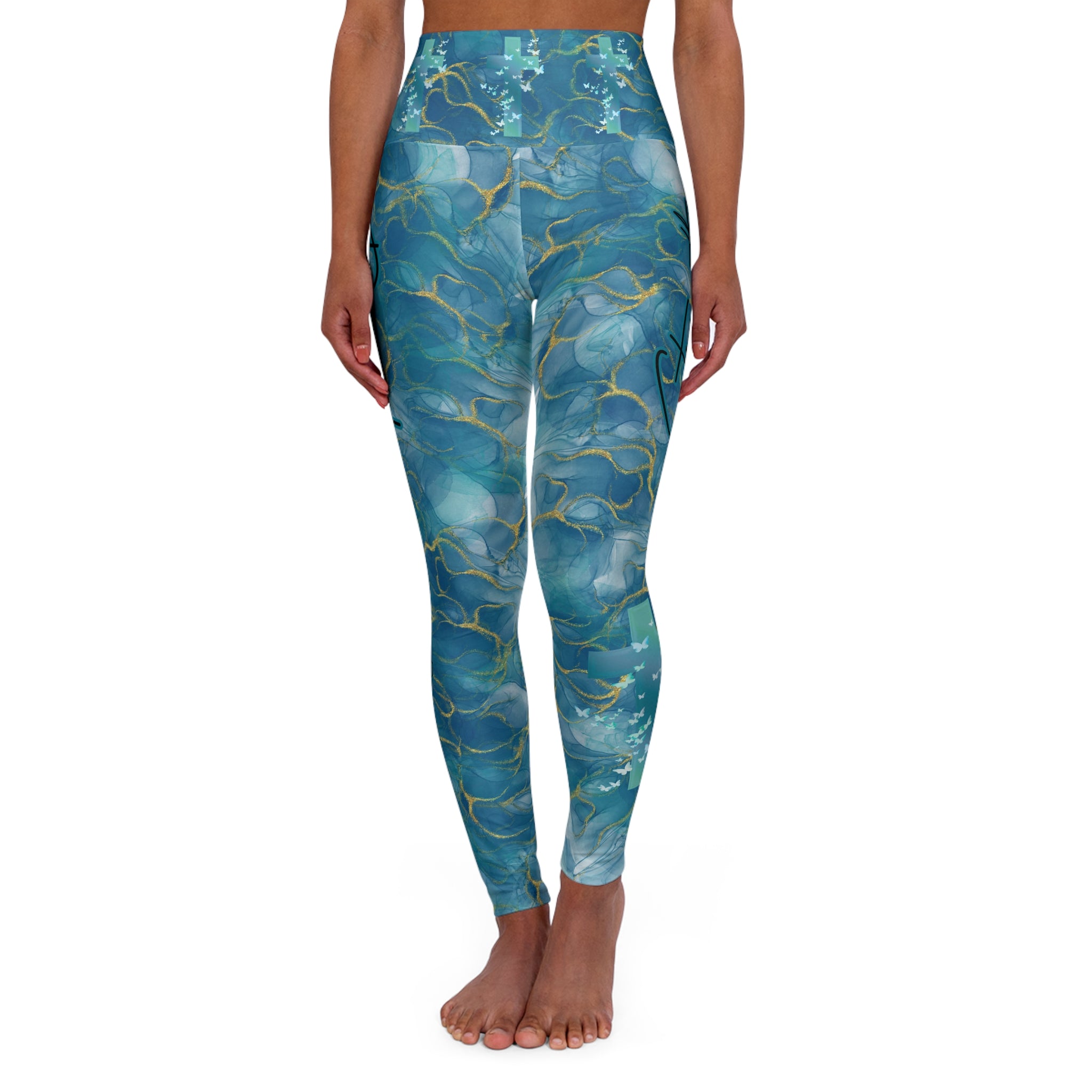 High-Waisted Christian Leggings — Blue Marble Butterfly & Cross, "Strength and Dignity" (Proverbs 31:25)