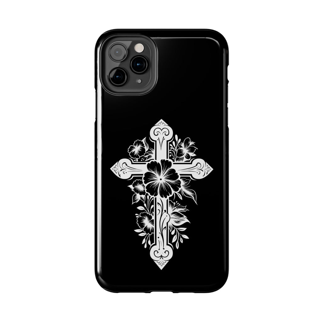 Floral Cross Tough Phone Case — Black Protective Christian Phone Cover