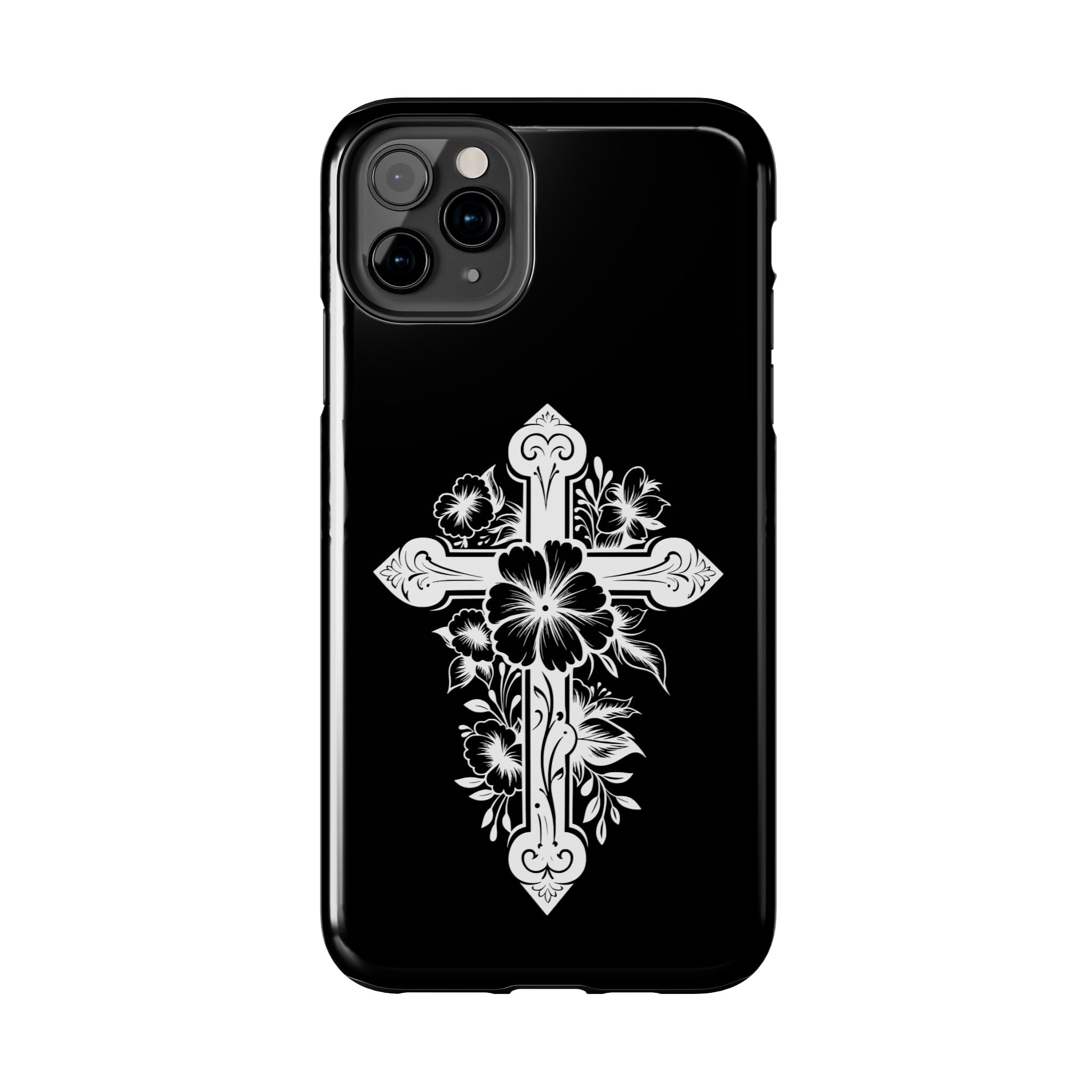 Floral Cross Tough Phone Case — Black Protective Christian Phone Cover