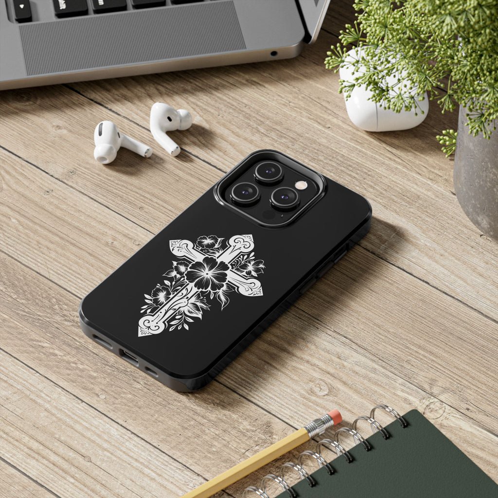Floral Cross Tough Phone Case — Black Protective Christian Phone Cover