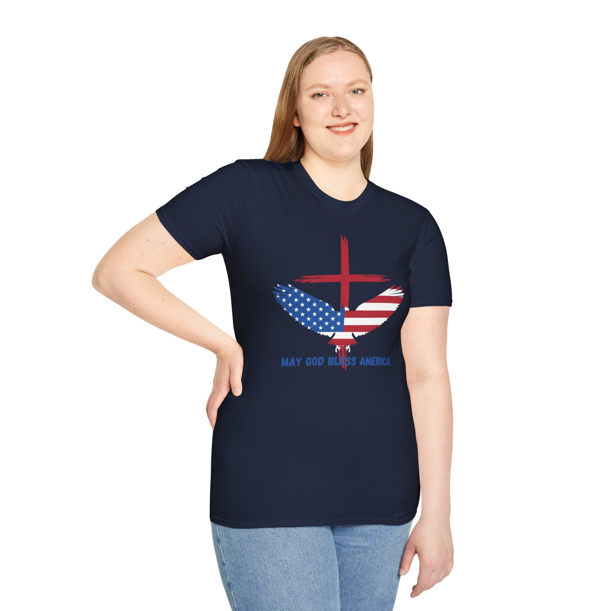 Patriotic Eagle T-Shirt — "May God Bless America" Flag Cross Graphic
