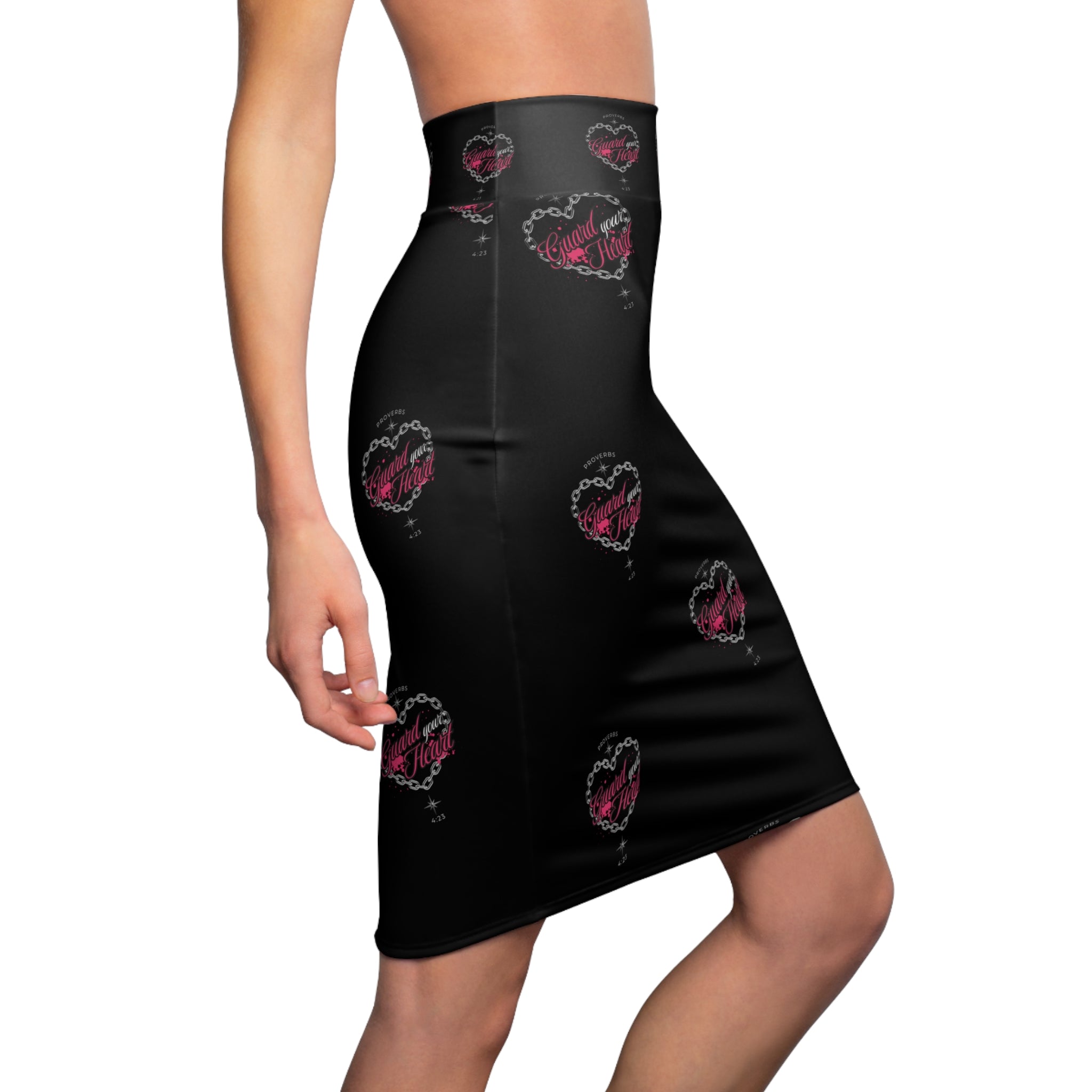 Heart Pattern Pencil Skirt — Black "Guard Your Heart" Proverbs 4:23 Script All-Over Print