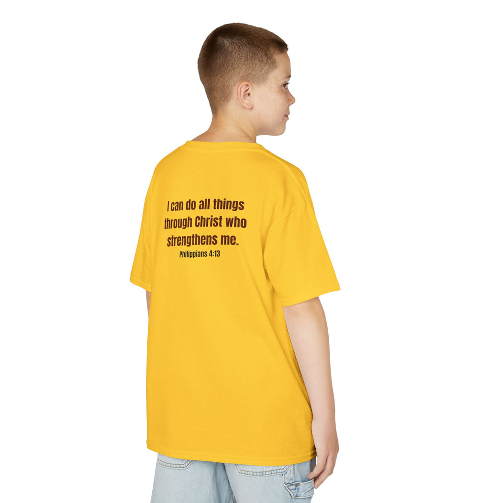 Kids Tee — "Strong" Muscle Graphic with Philippians 4:13 Back (Christian Inspirational)