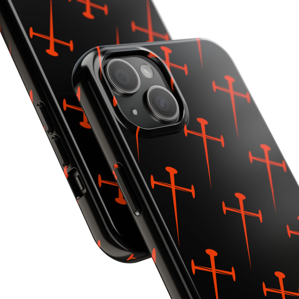 Black Tough Phone Case with Orange Nail Cross Pattern