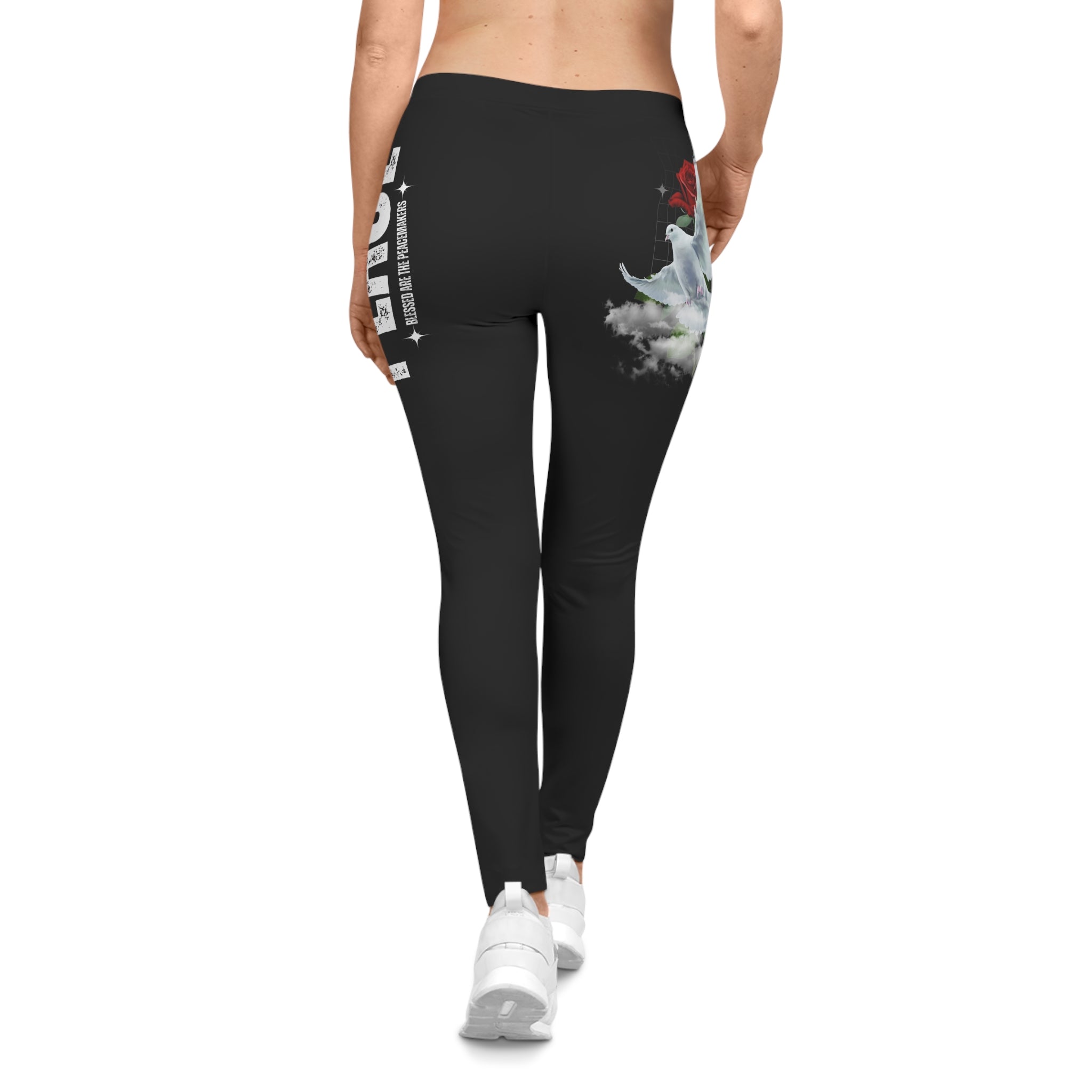 Peace Dove & Rose Women's Leggings — Floral Dove Graphic Blessed are the Peacemakers Leggings