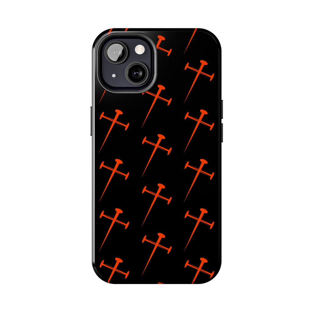 Black Tough Phone Case with Orange Nail Cross Pattern