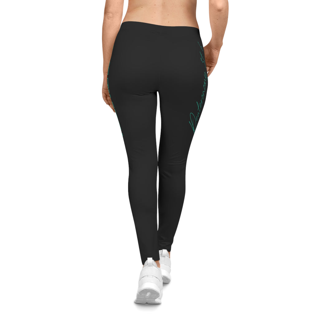 Women's Black Praise The Lord Graphic Leggings — Teal Script 'Praise The Lord' 'Deauteronomy 31:6' Side Print