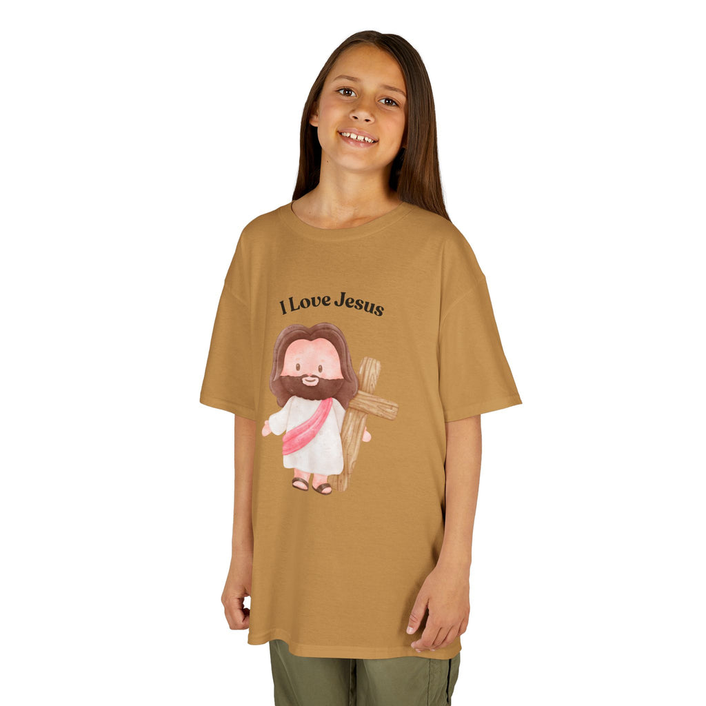 Kids T-Shirt — Cute "I Love Jesus" Cartoon Jesus Holding Cross — Christian Easter Gift for Children