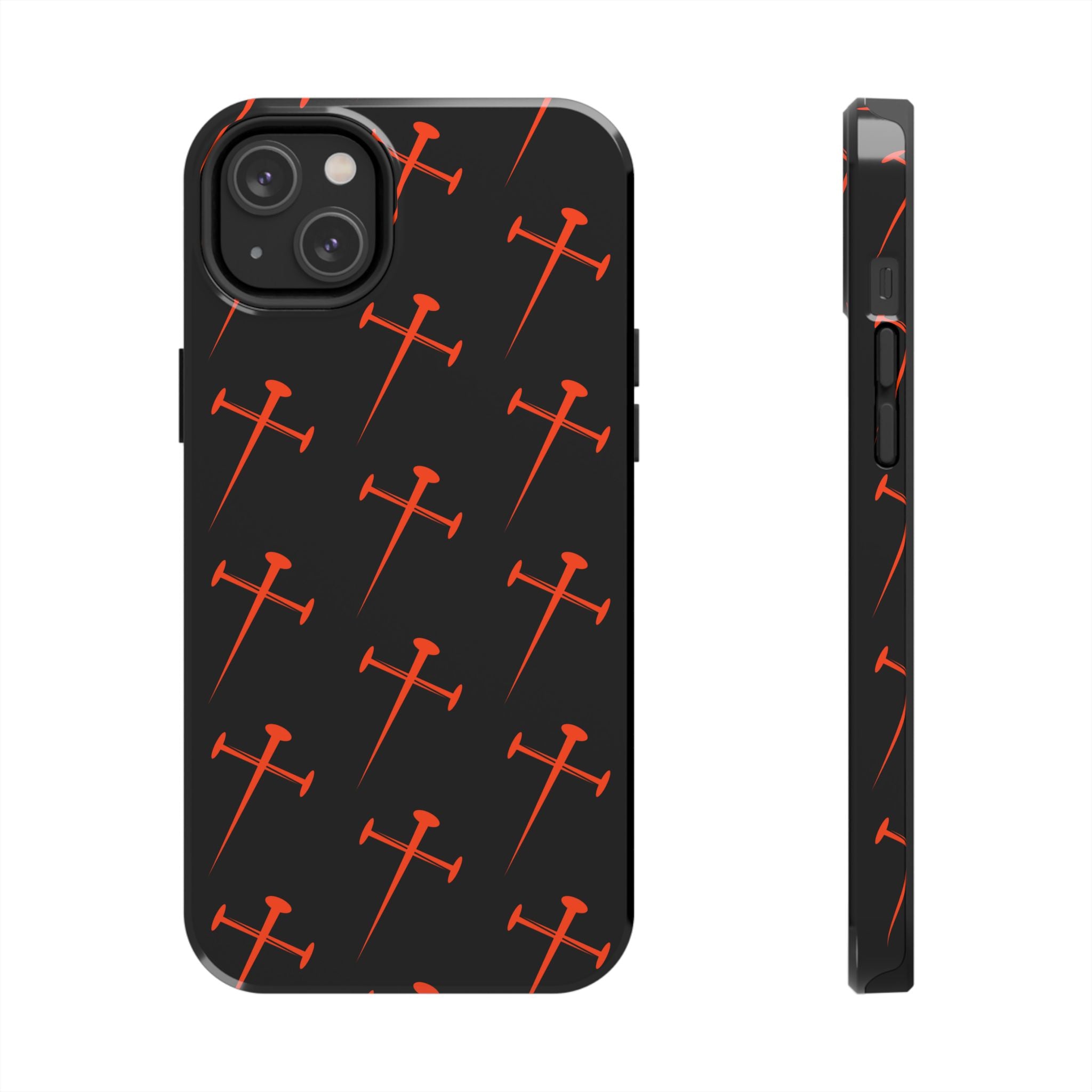 Black Tough Phone Case with Orange Nail Cross Pattern