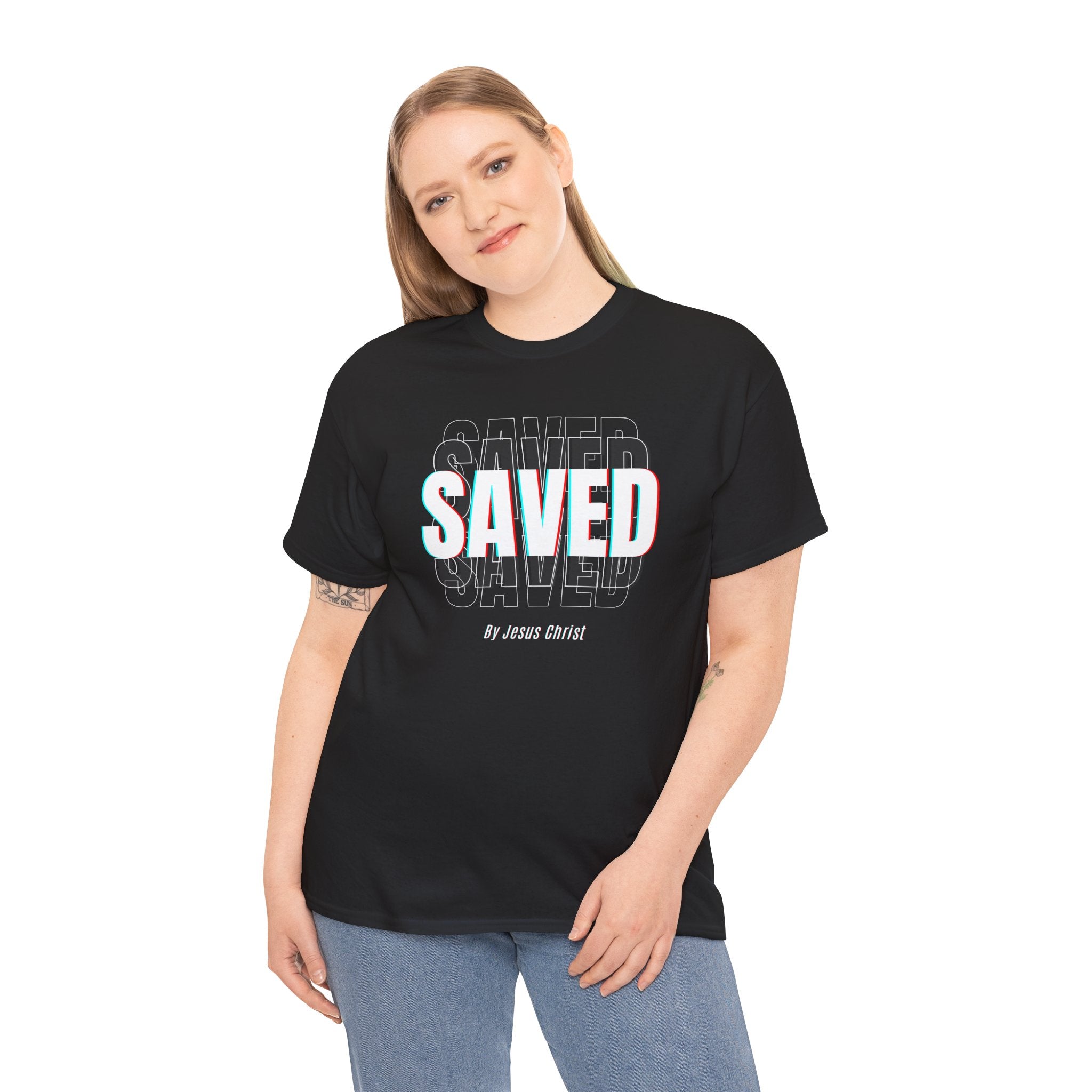 Saved Graphic Tee — "SAVED" Christian Faith T-Shirt (Romans 10:9 Back)