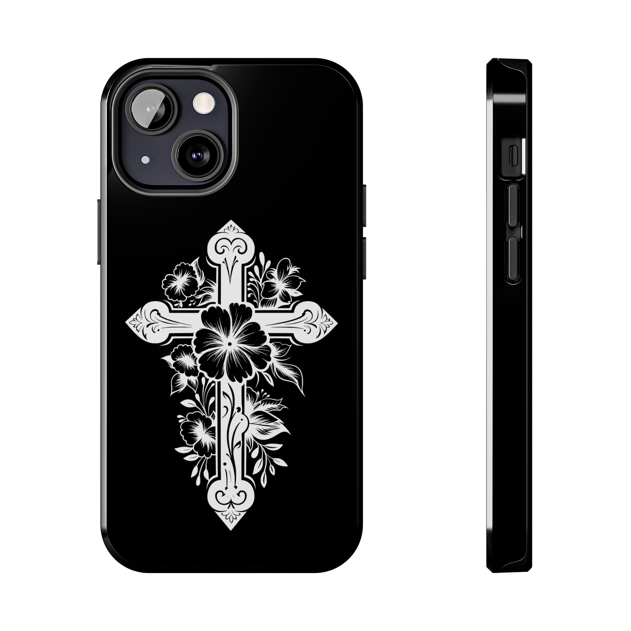 Floral Cross Tough Phone Case — Black Protective Christian Phone Cover