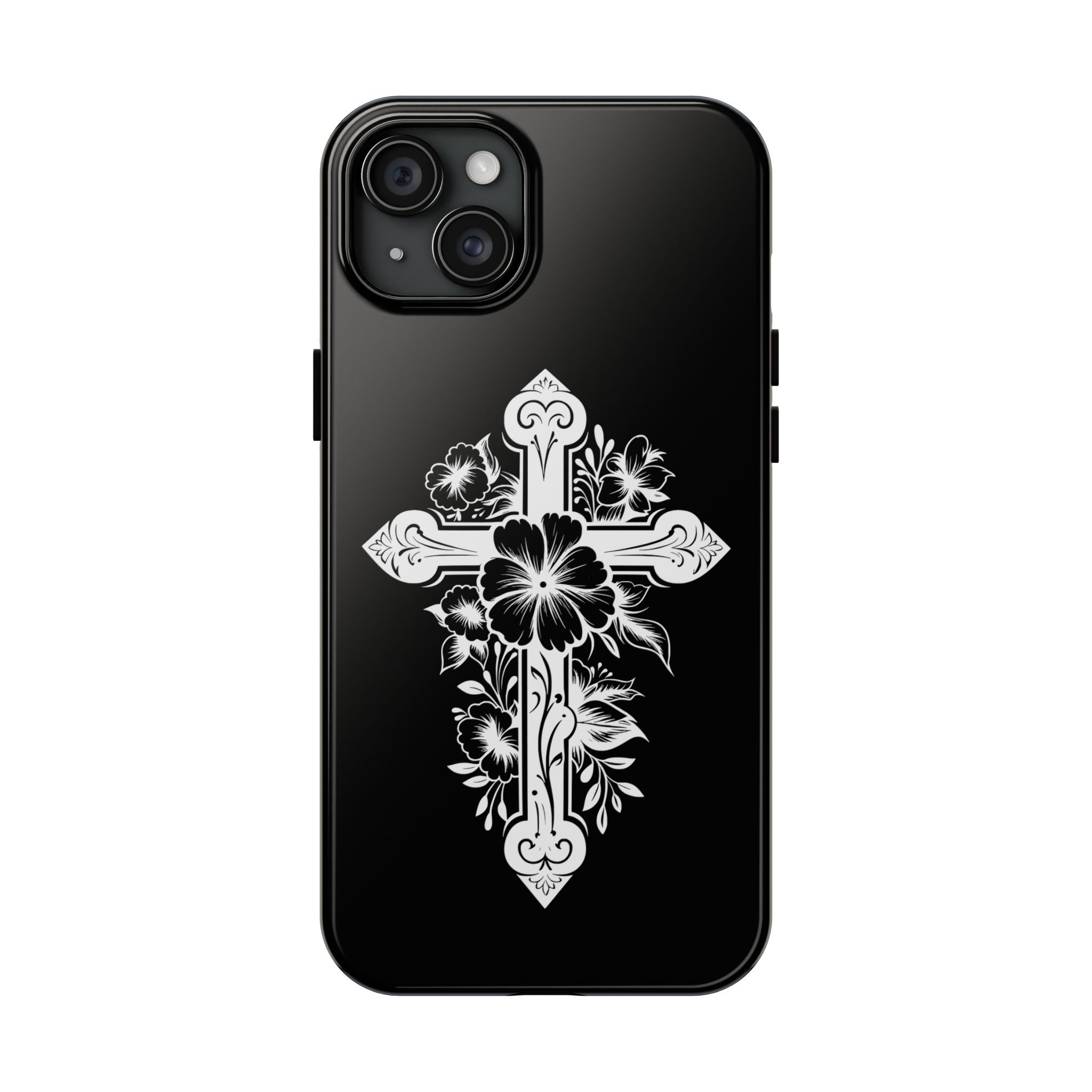 Floral Cross Tough Phone Case — Black Protective Christian Phone Cover
