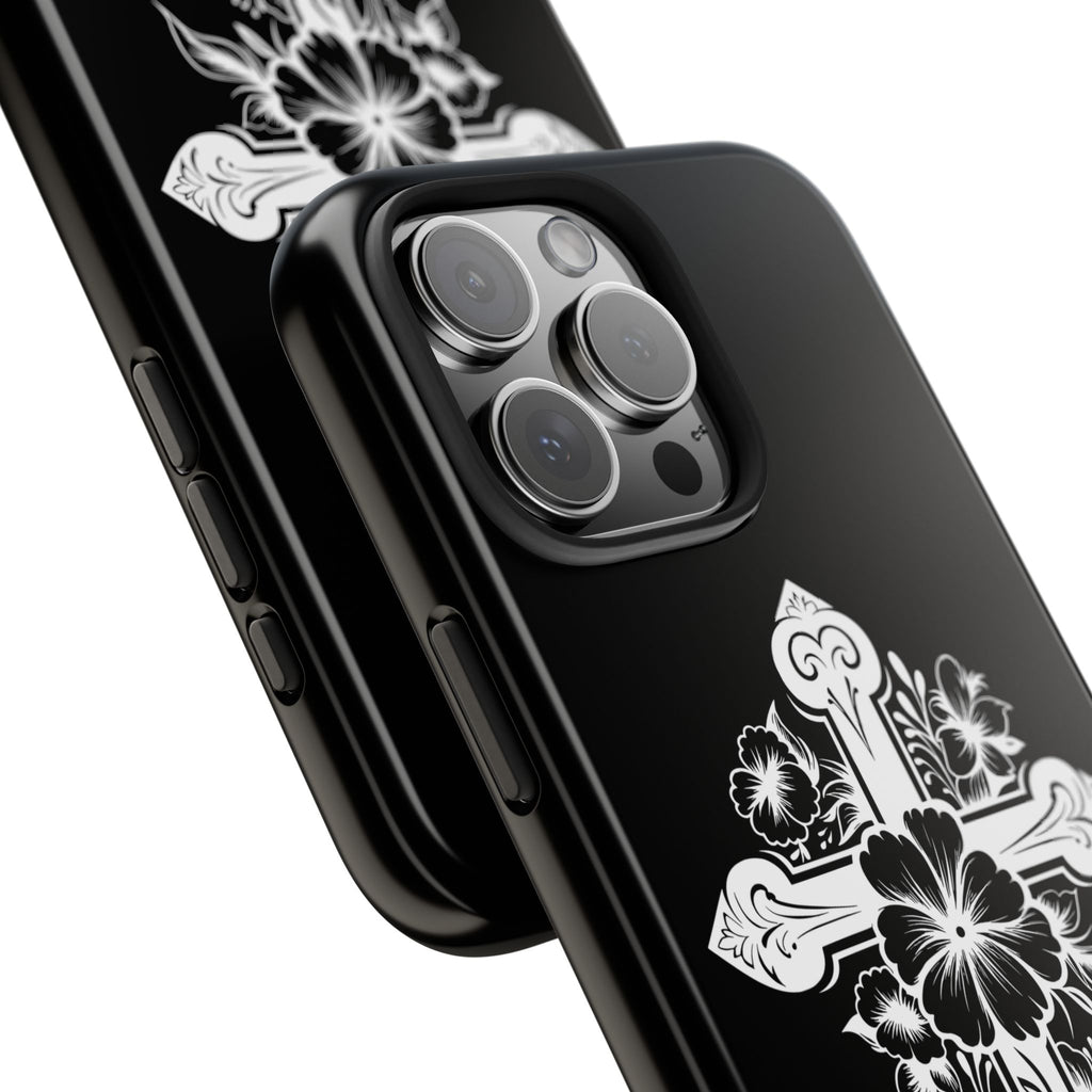 Floral Cross Tough Phone Case — Black Protective Christian Phone Cover