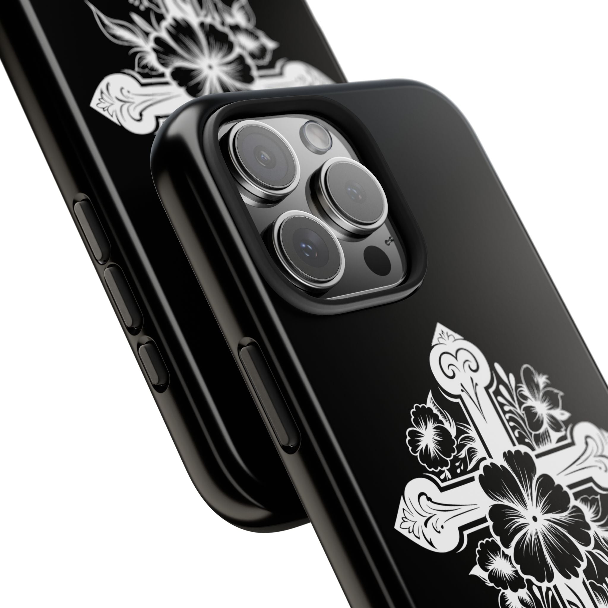 Floral Cross Tough Phone Case — Black Protective Christian Phone Cover