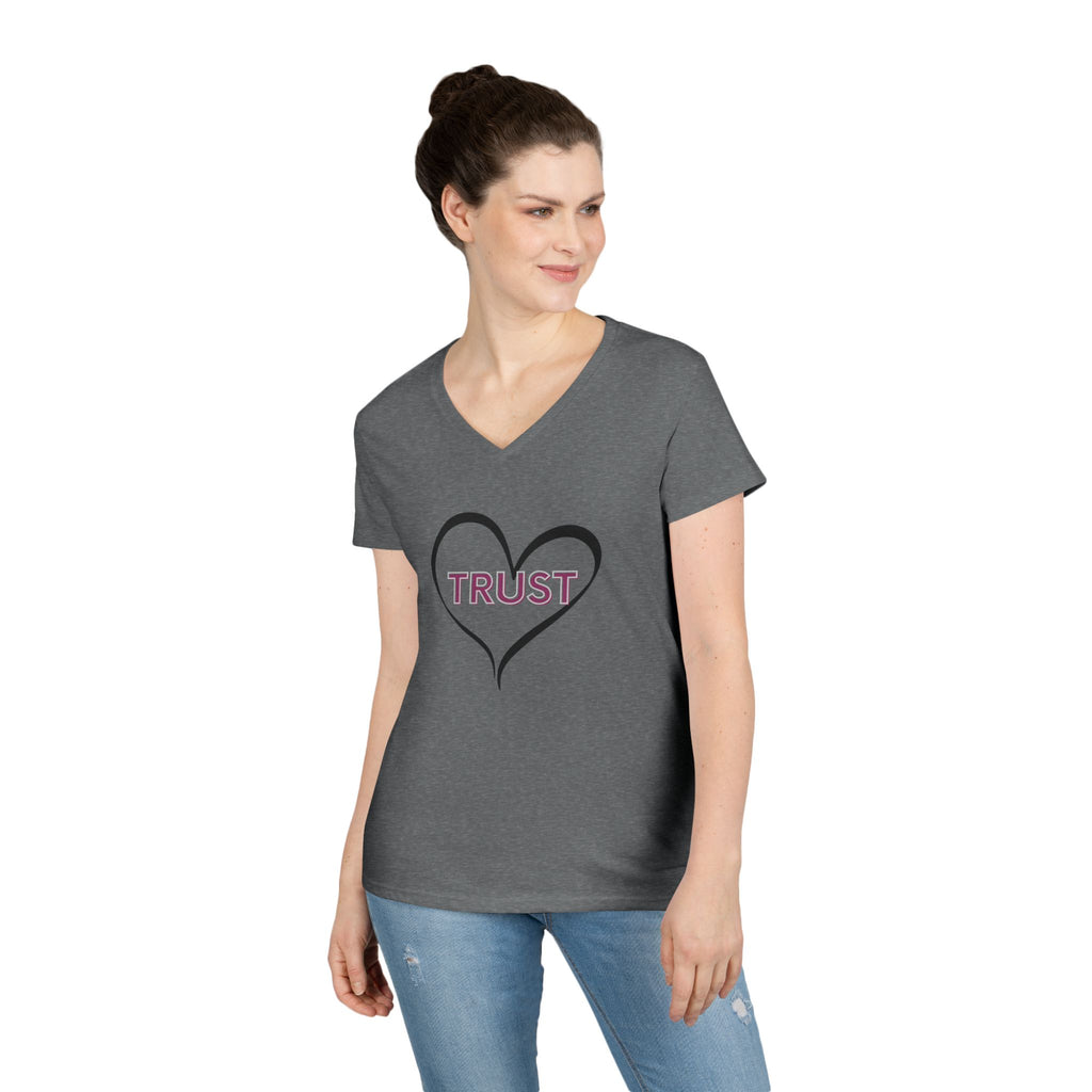 Ladies' V-Neck T-Shirt — Heart "TRUST" Faith Tee with Proverbs 3:5 Back Design