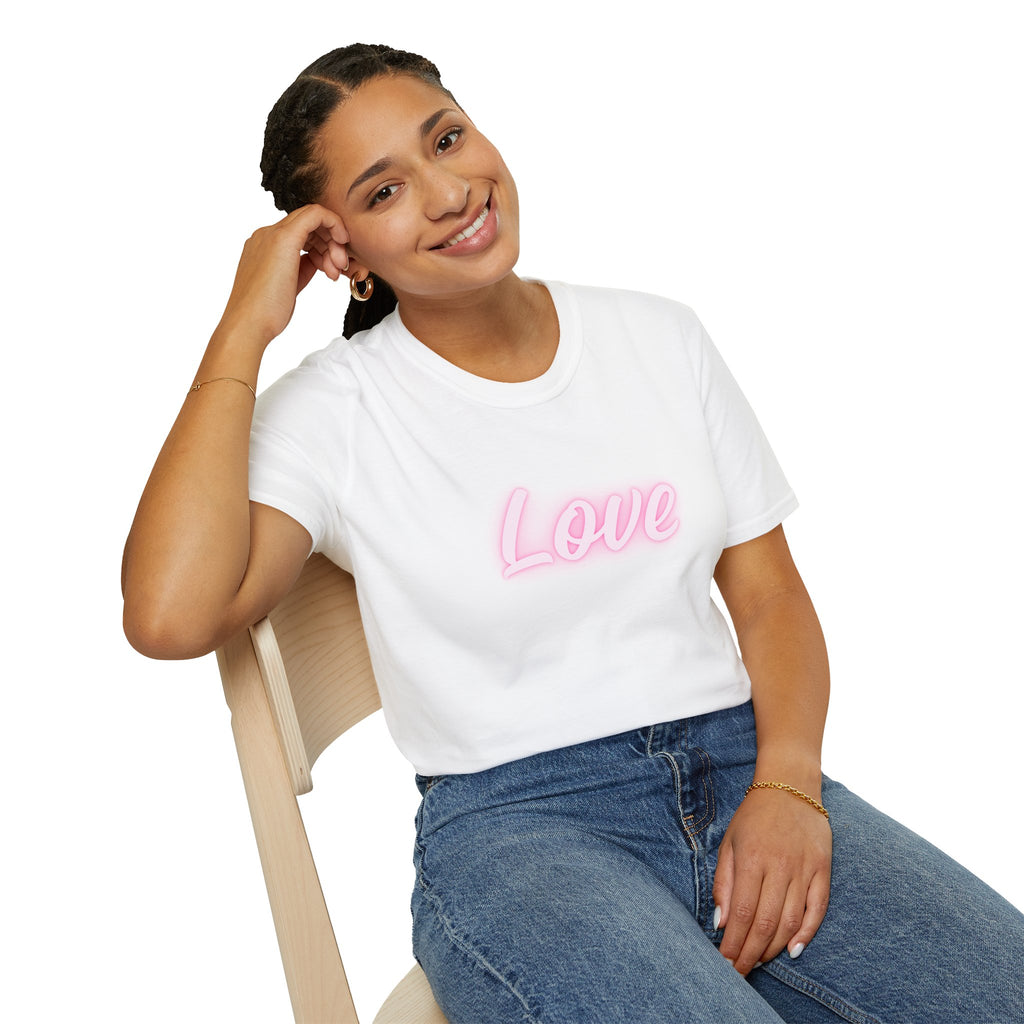 Love Script T-Shirt — Pink Neon "Love" Graphic with Scripture Back