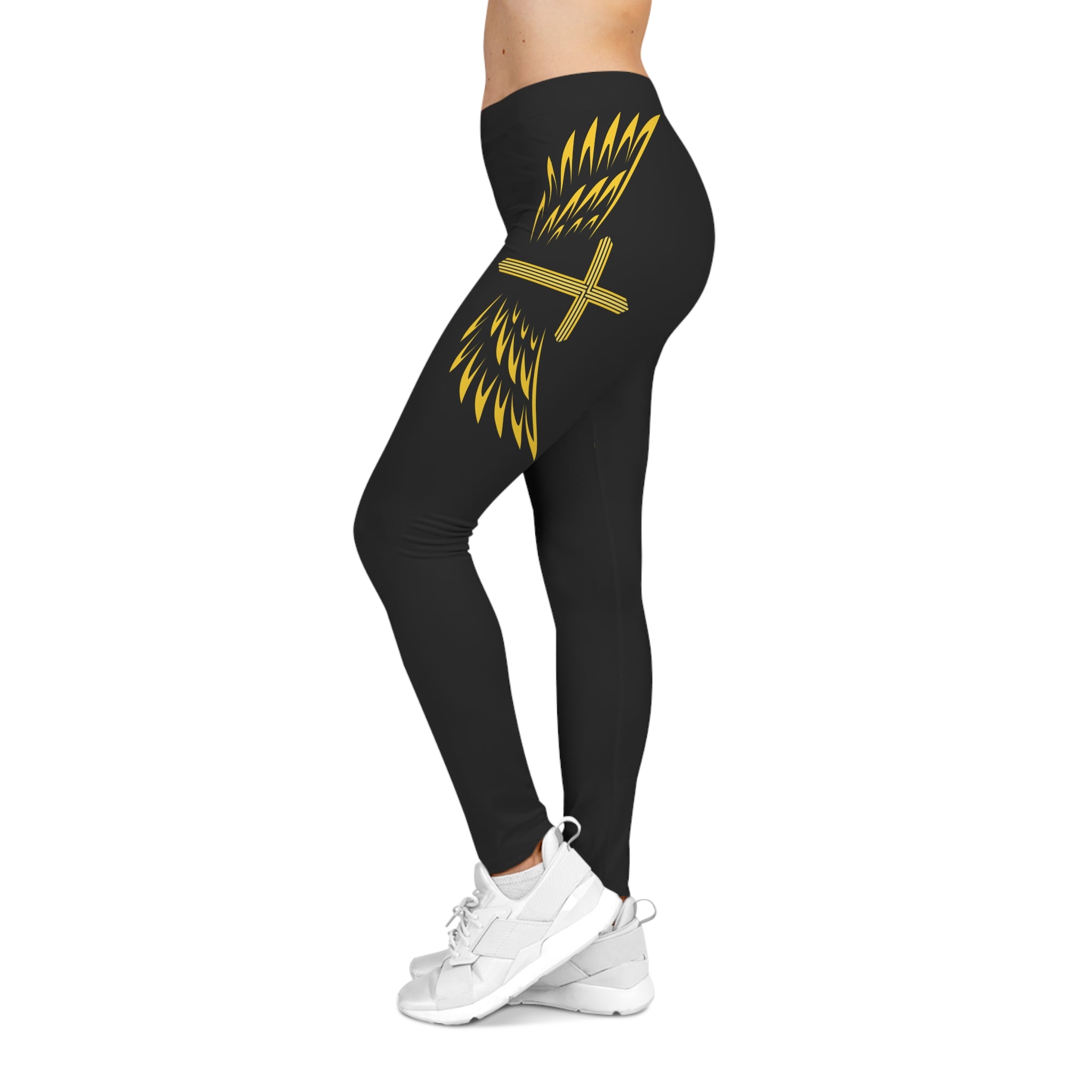 Winged Cross Black & Gold Leggings — Women's Graphic Activewear