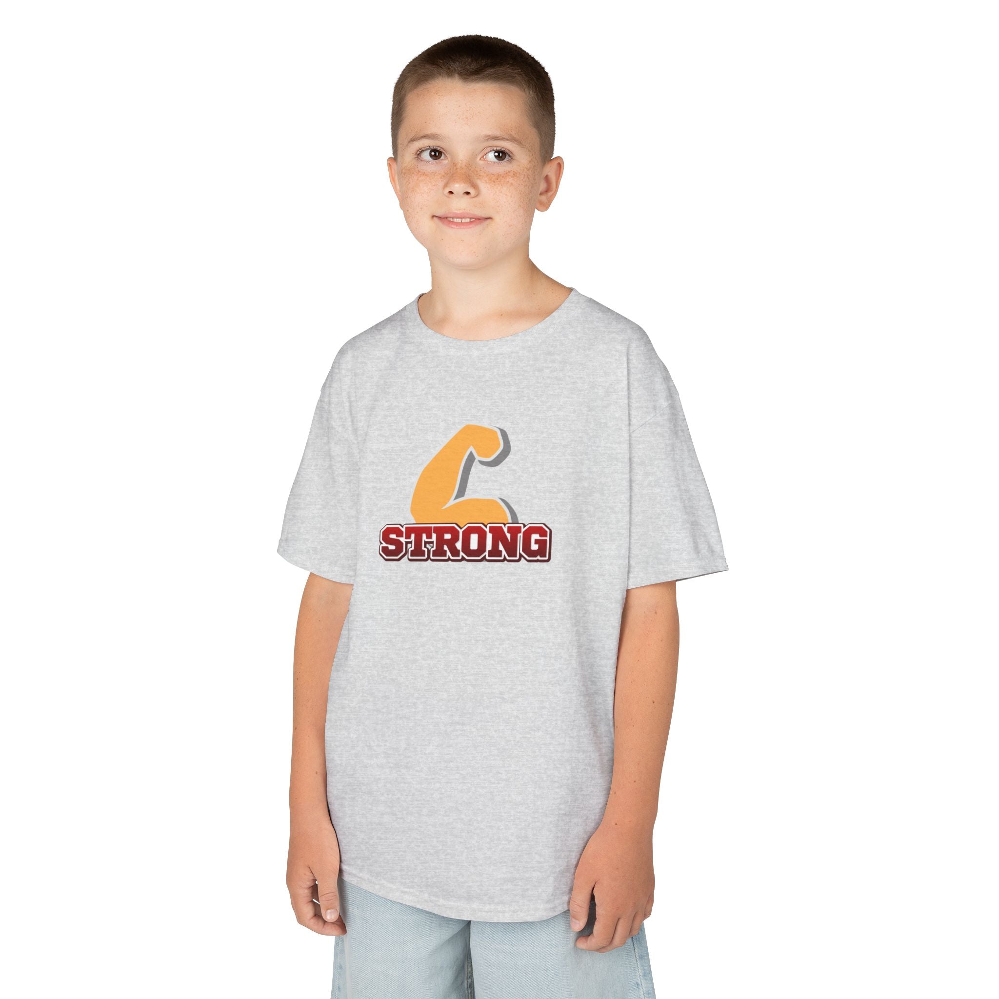 Kids Tee — "Strong" Muscle Graphic with Philippians 4:13 Back (Christian Inspirational)