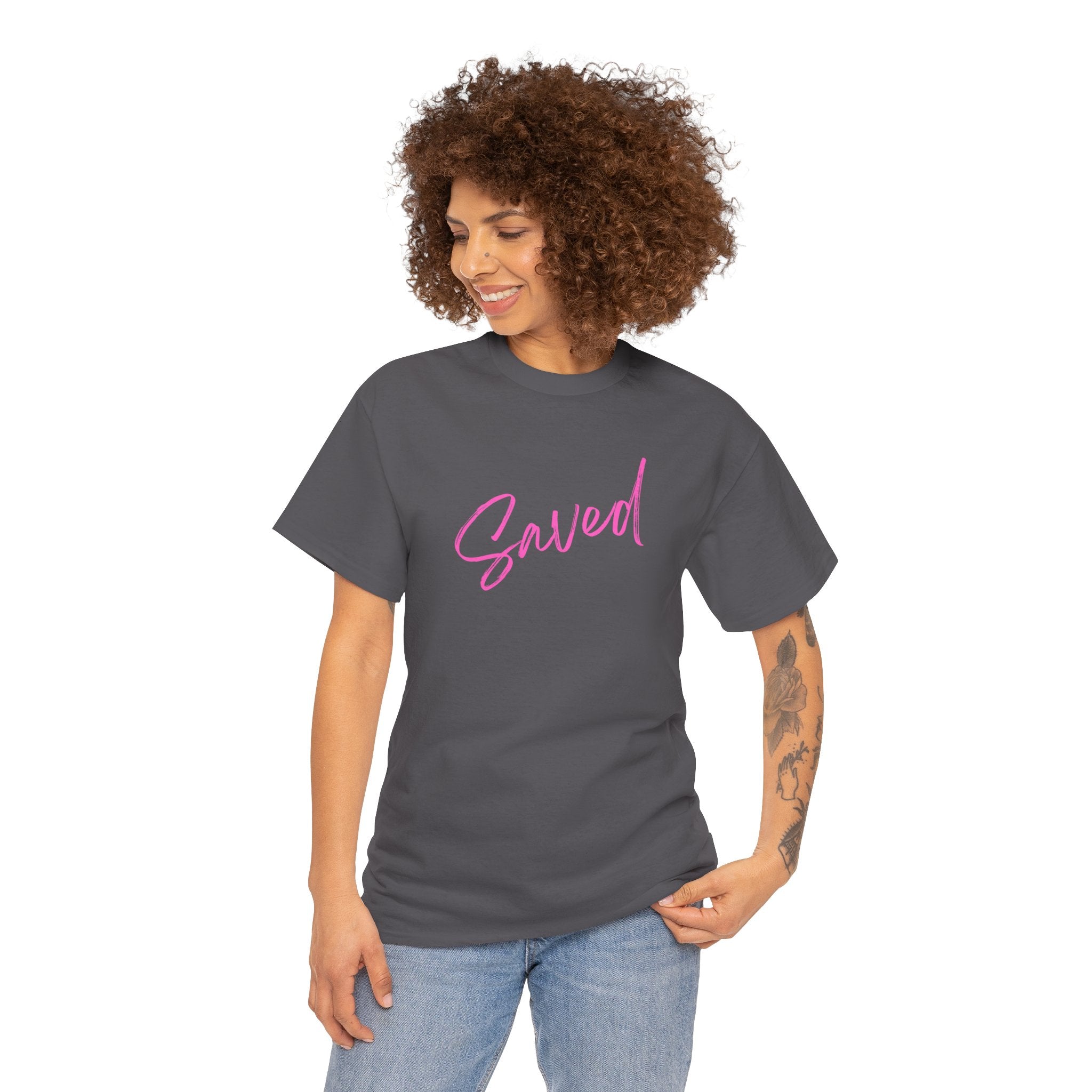 Saved T‑Shirt — Pink Script Faith Tee with Inspiring Back Verse