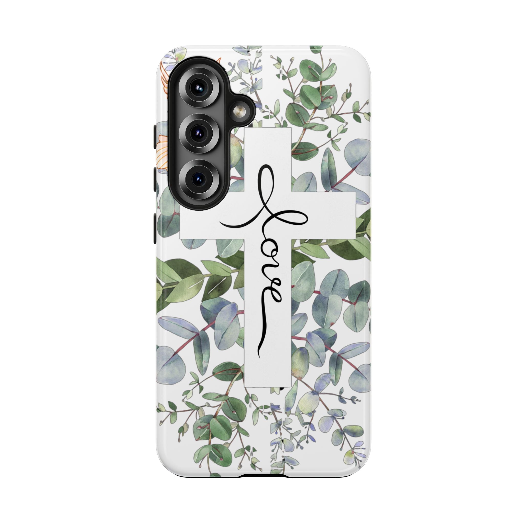 Religious Cross Tough Phone Case — Eucalyptus Floral "Love" Design
