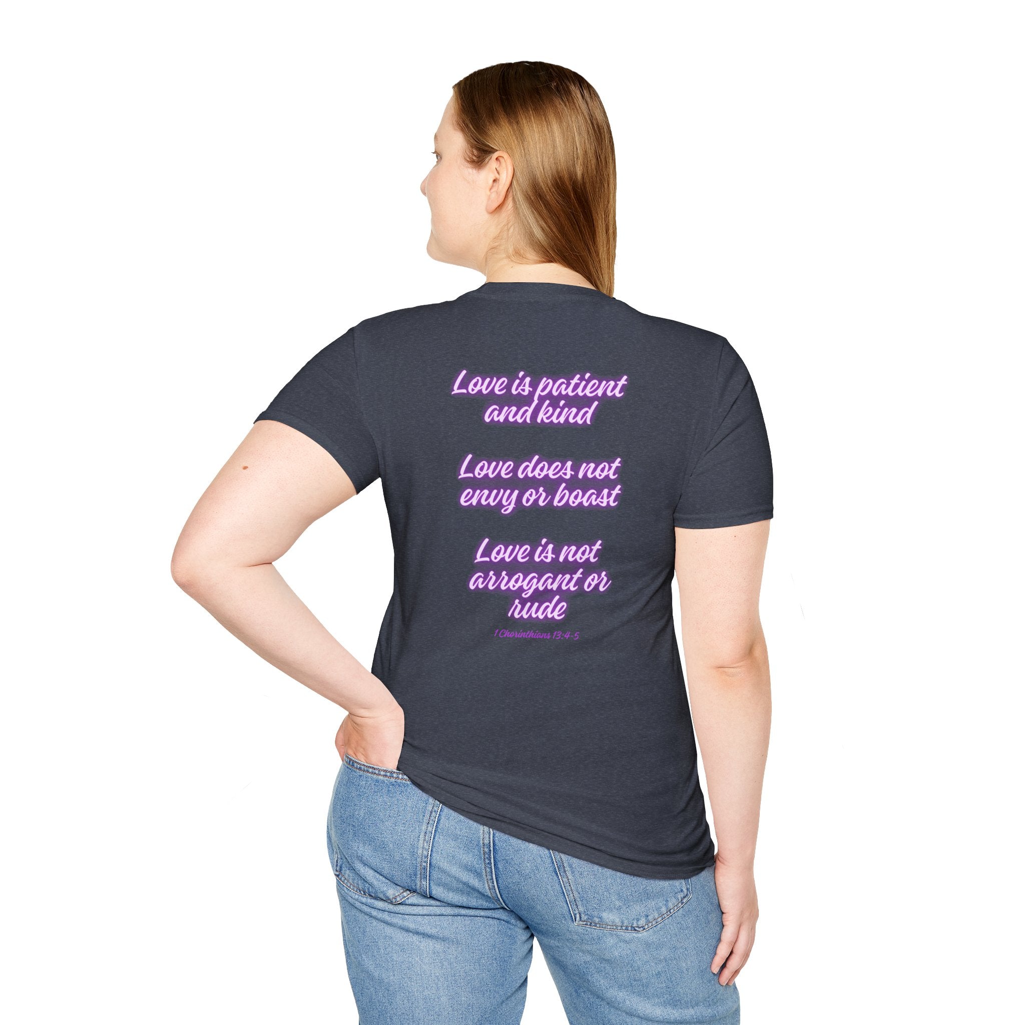 Love Purple Scripture Tee — "Love is patient and kind" Christian T-Shirt
