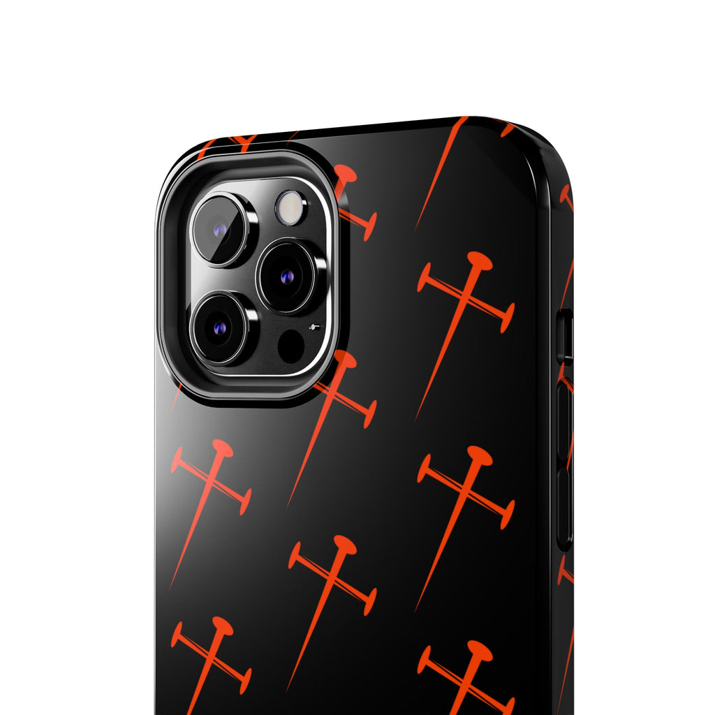 Black Tough Phone Case with Orange Nail Cross Pattern