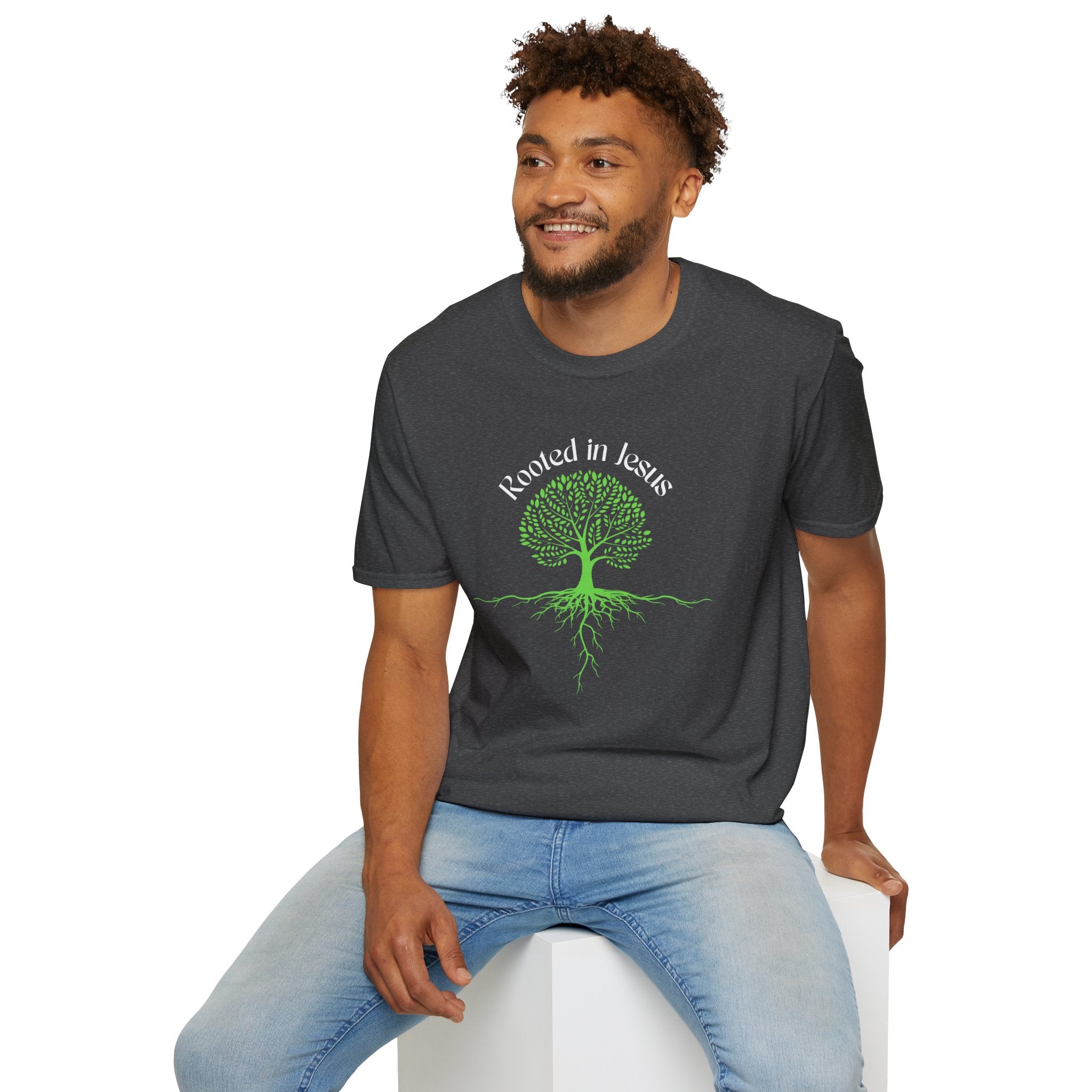 T-Shirt — "Rooted in Jesus" Tree Graphic Christian Faith Tee