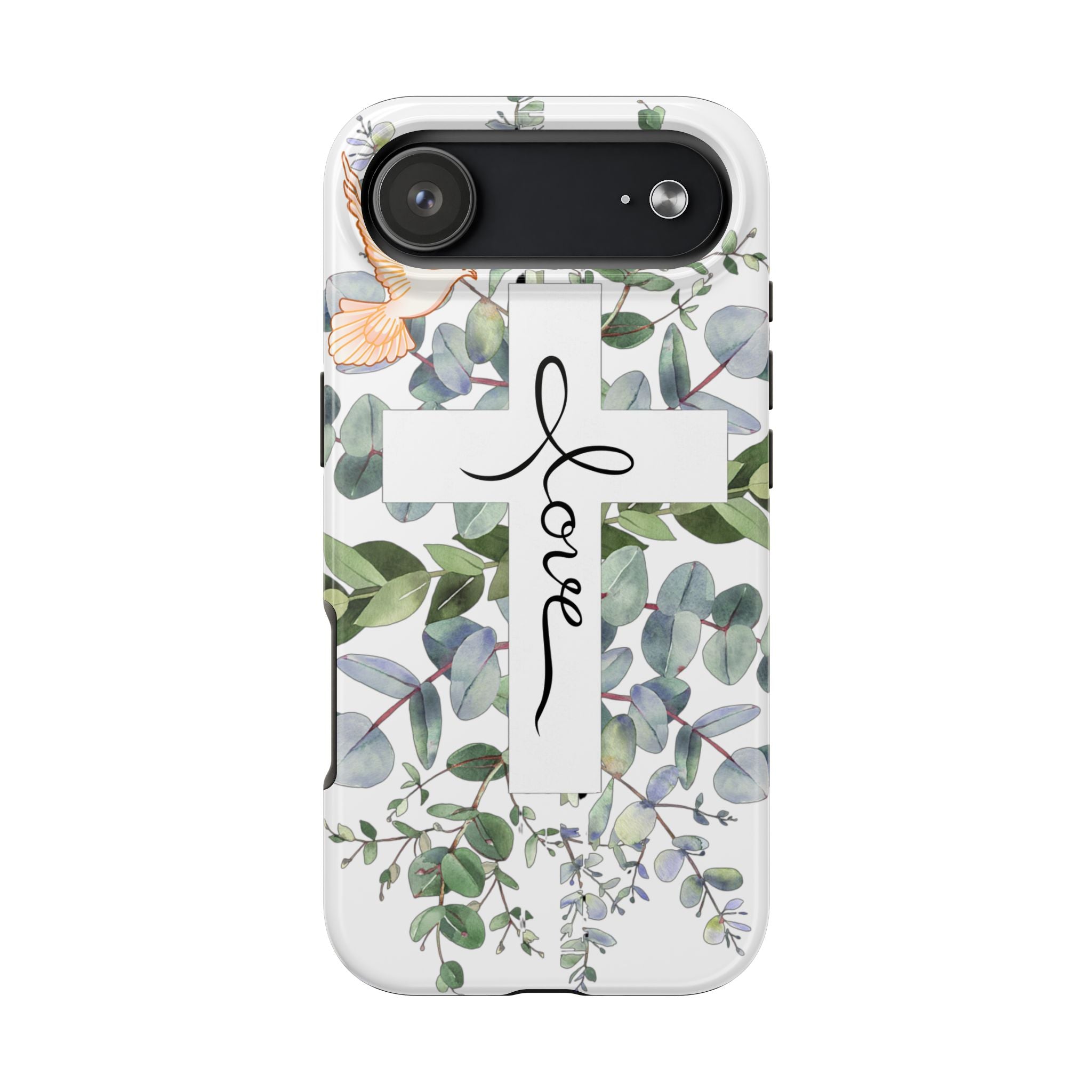 Religious Cross Tough Phone Case — Eucalyptus Floral "Love" Design