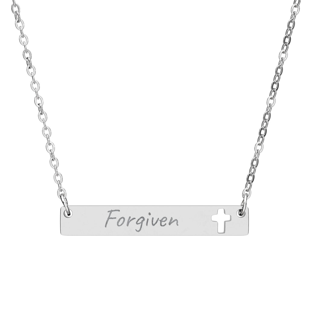 Forgiven Cutout Cross Bar Necklace — Engraved Christian Pendant