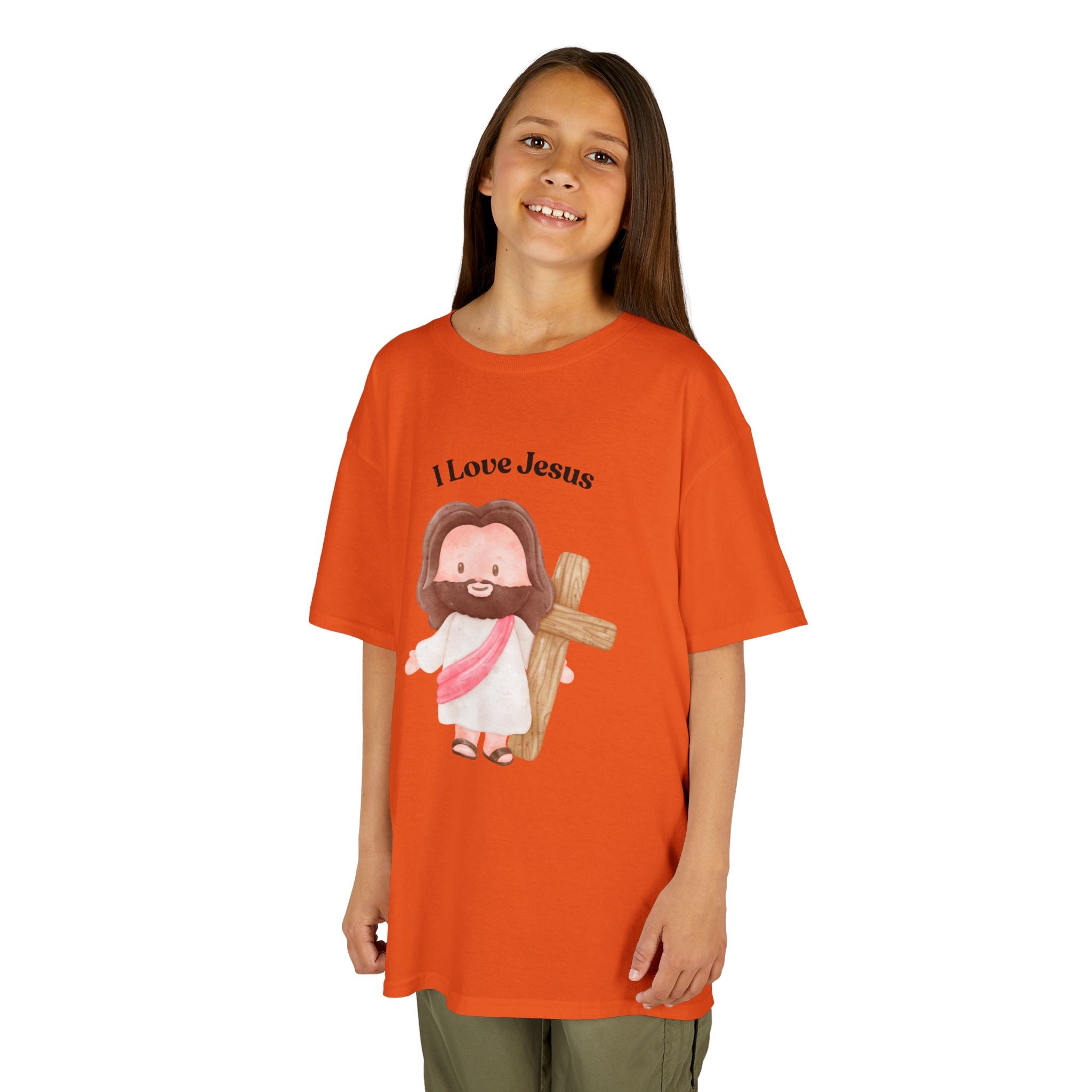 Kids T-Shirt — Cute "I Love Jesus" Cartoon Jesus Holding Cross — Christian Easter Gift for Children