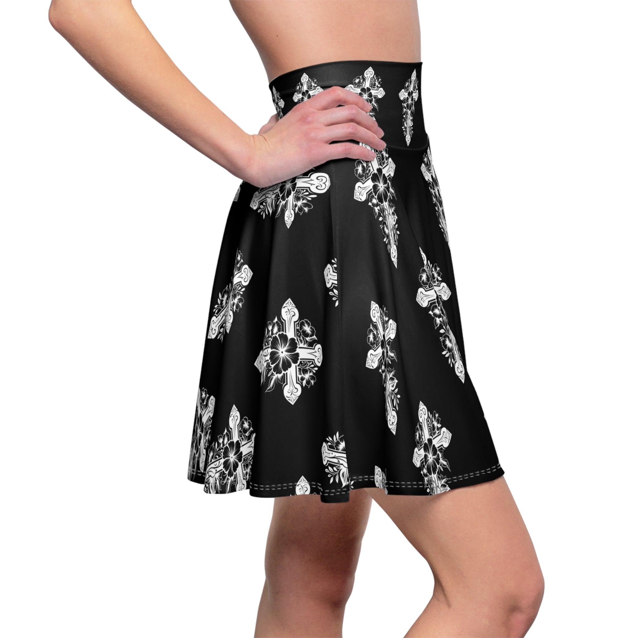 Christian Floral Cross Skater Skirt — White All-Over-Print