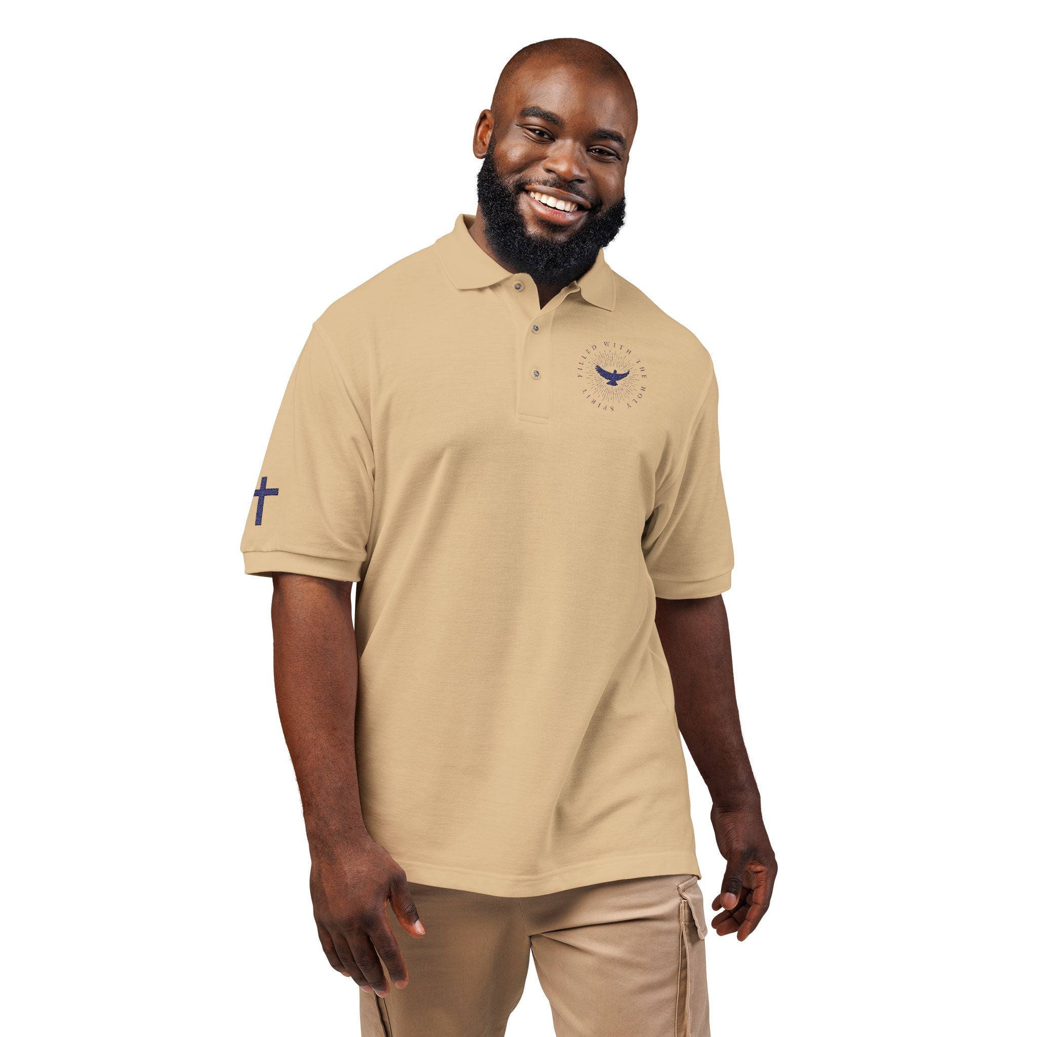 Embroidered Dove Polo Shirt – Classic Polo Reads "Filled with the Holy Spirit" with cross on sleeves